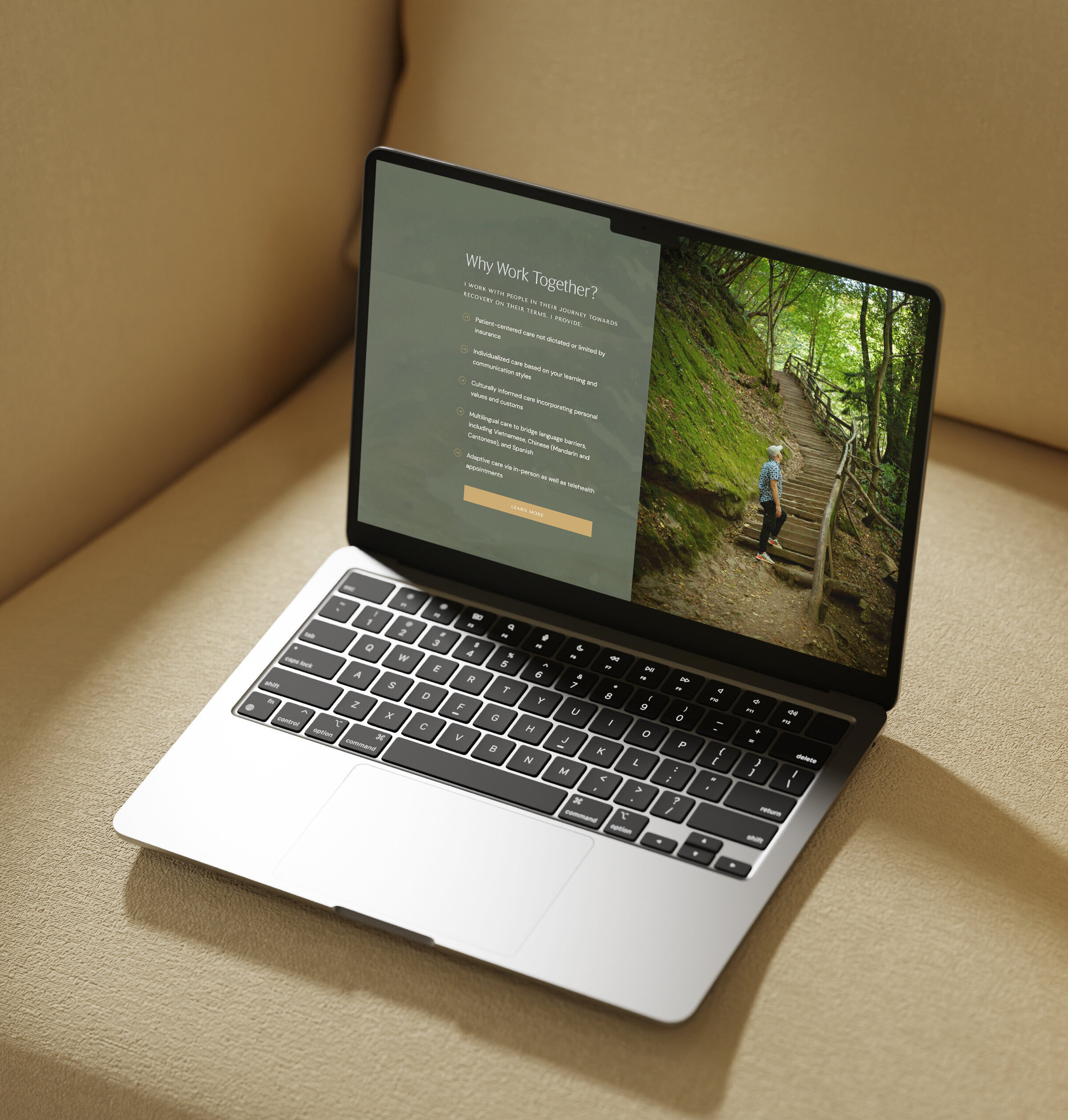 Physical therapist website design mockup on chair