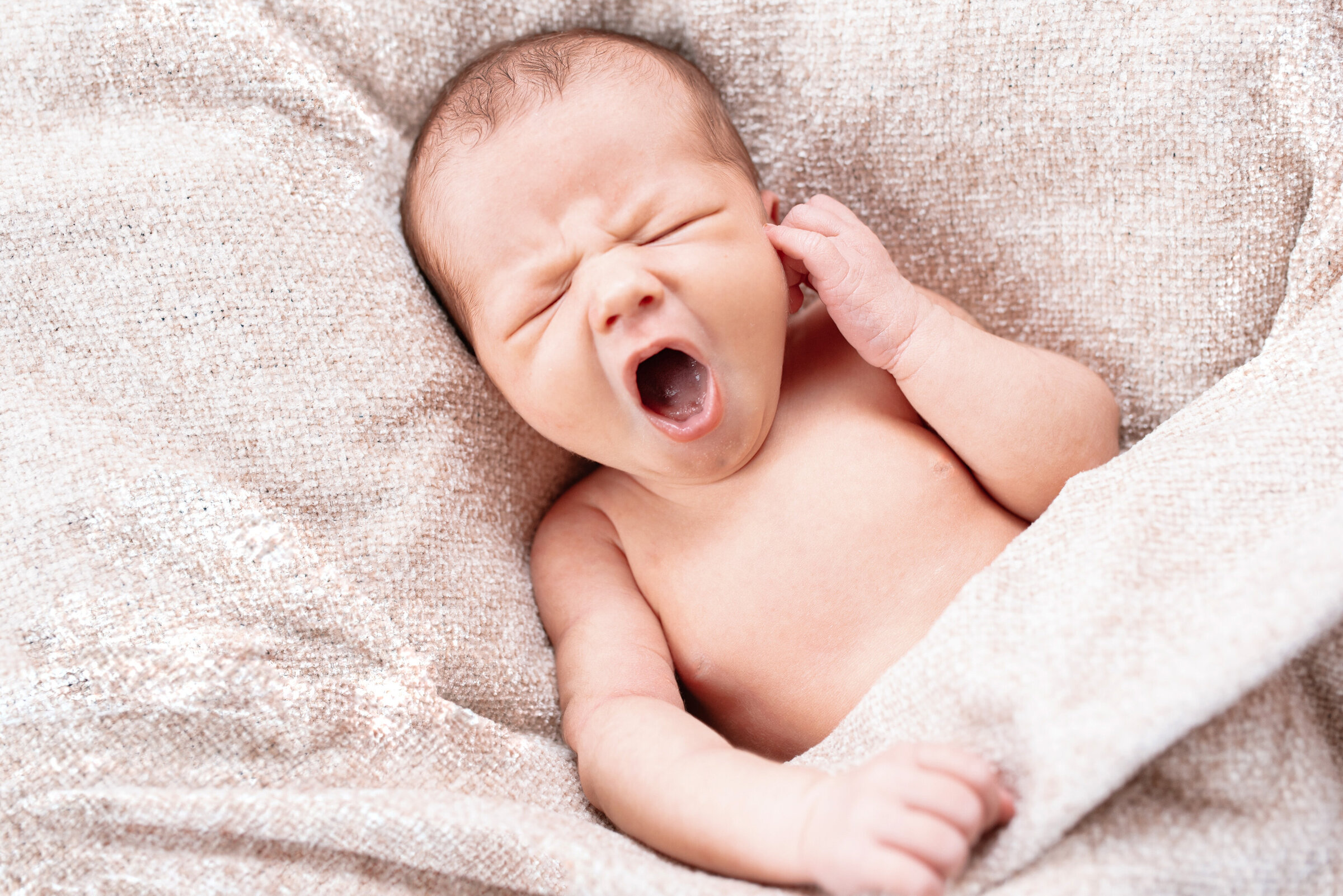Newborn baby wrapped in blankets, yawning