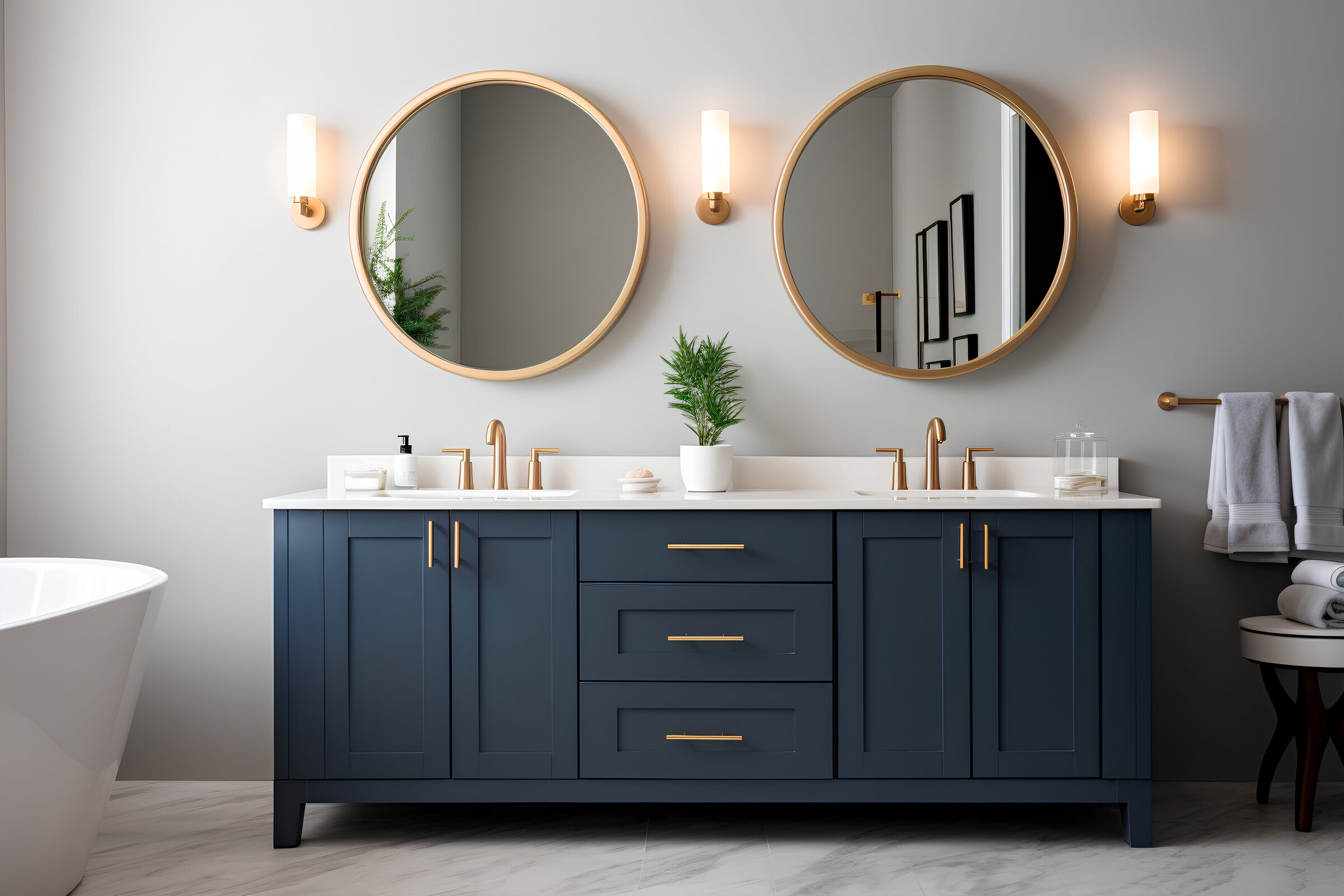 Complete Connecticut bathroom remodel and design with dark blue vanity and bronze gold hardware.