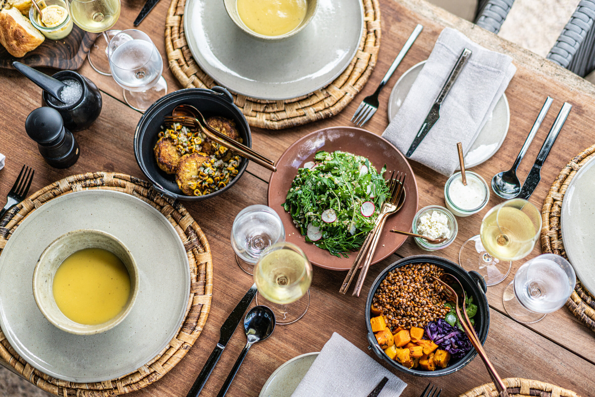 Singita Volcanoes National Park_Green Salad, Lentils, Butternut, Red Cabbage, Corn Fritters and Soup_Jordan Snowzell-2