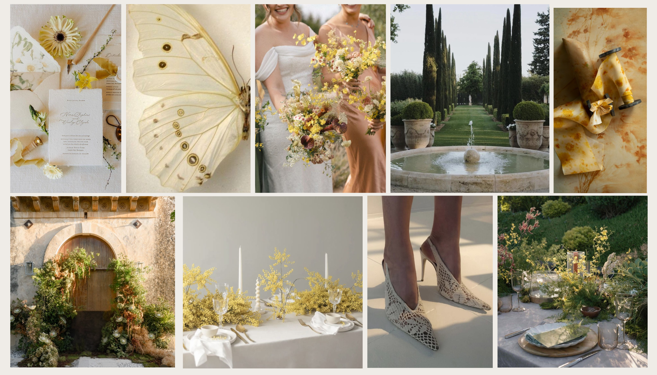 Garden Reverie wedding mood board with lush florals, romantic outdoor settings, trailing greenery, and whimsical garden-inspired décor.