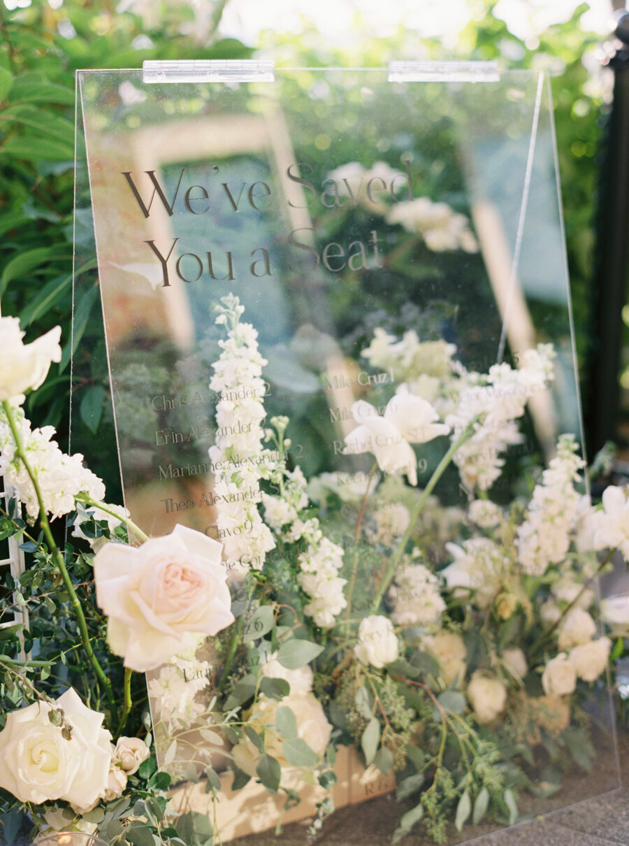 clear plexiglass wedding signage with florals at the bottom