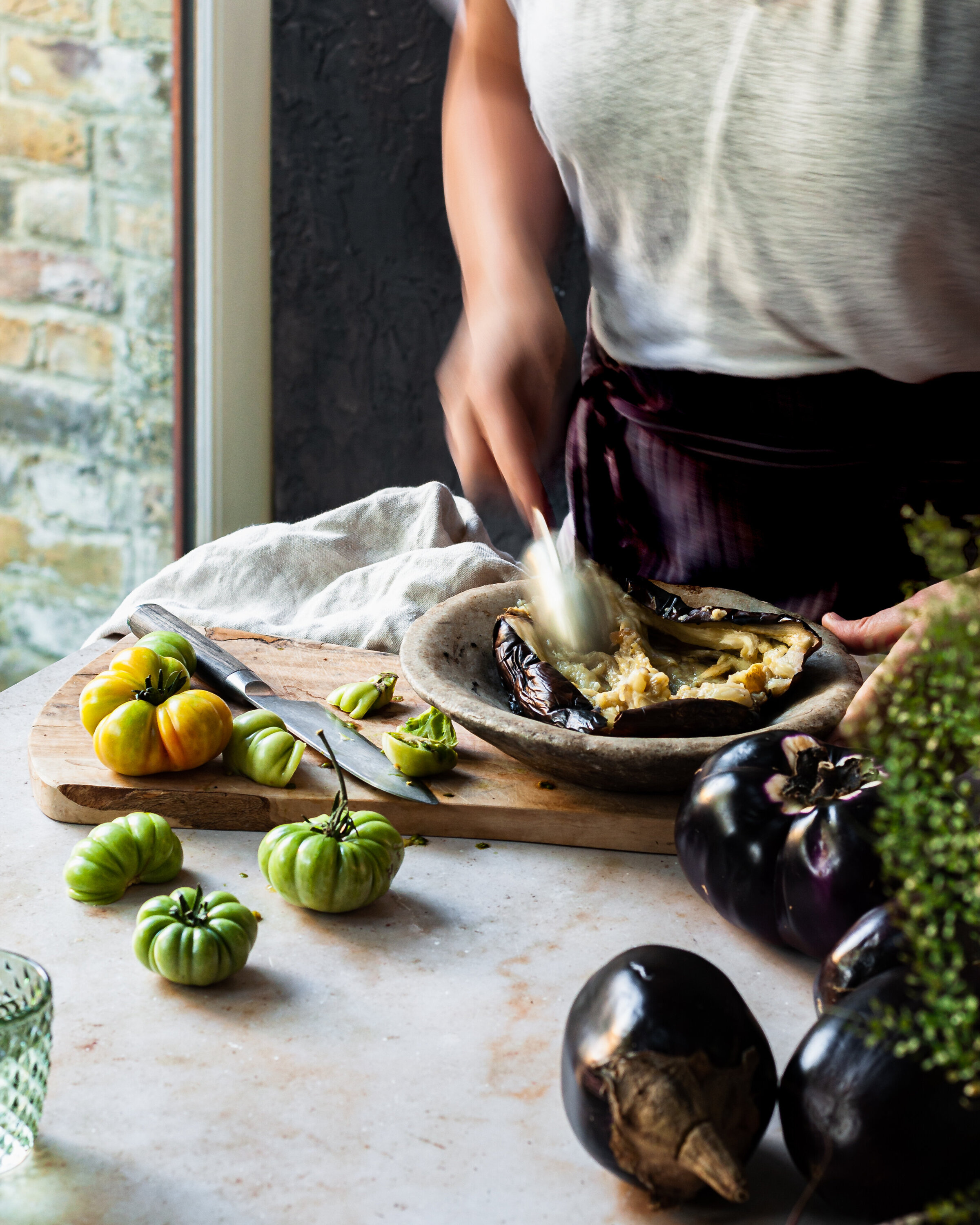 Alicja Sieronski Food Photograper and Stylist --Process shot smokey aubergine and borlotti bean tacos