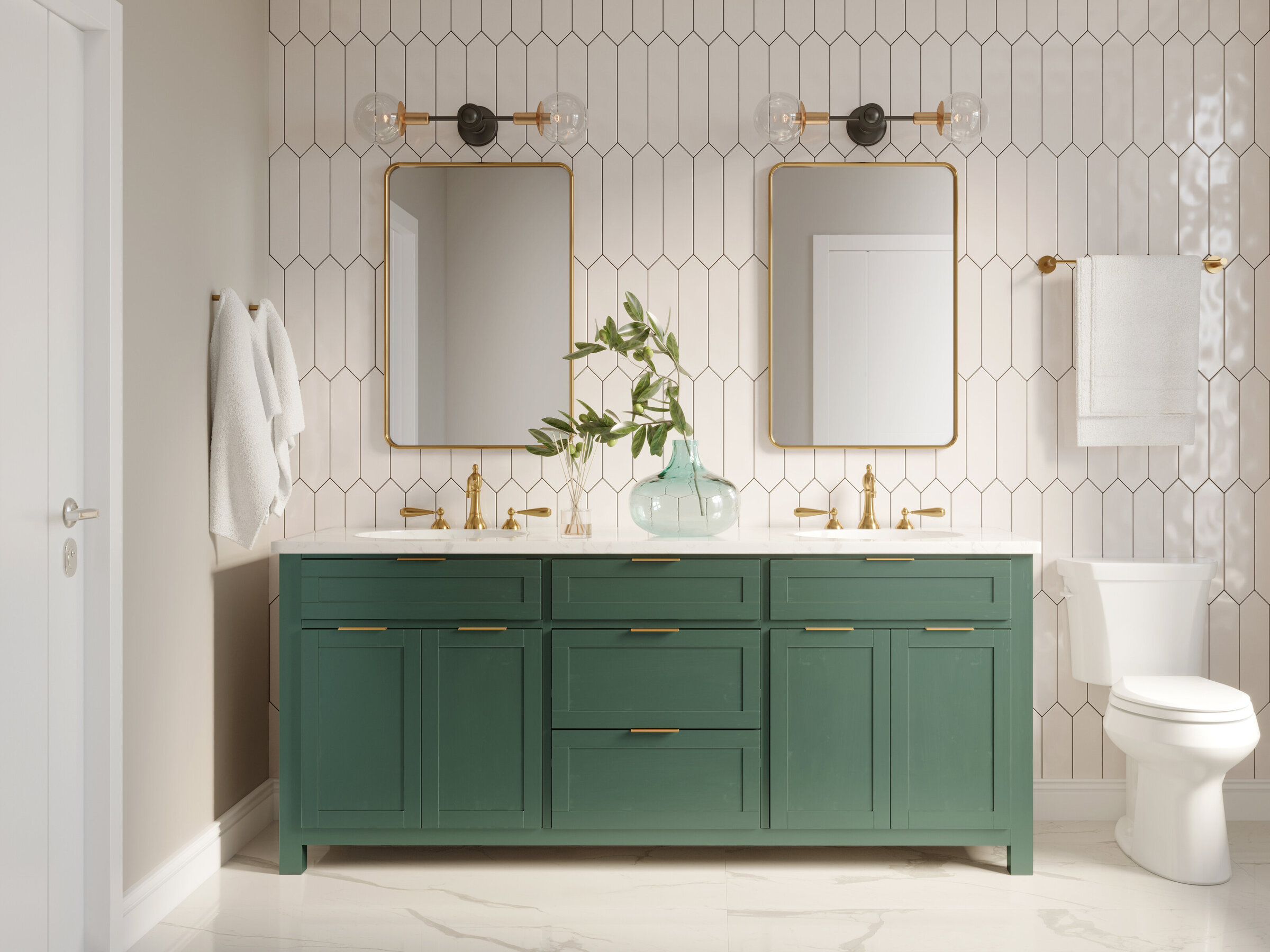 Pistachio green double vanity from Fabuwood with picket tile walls an gold plumbing fixtures. 