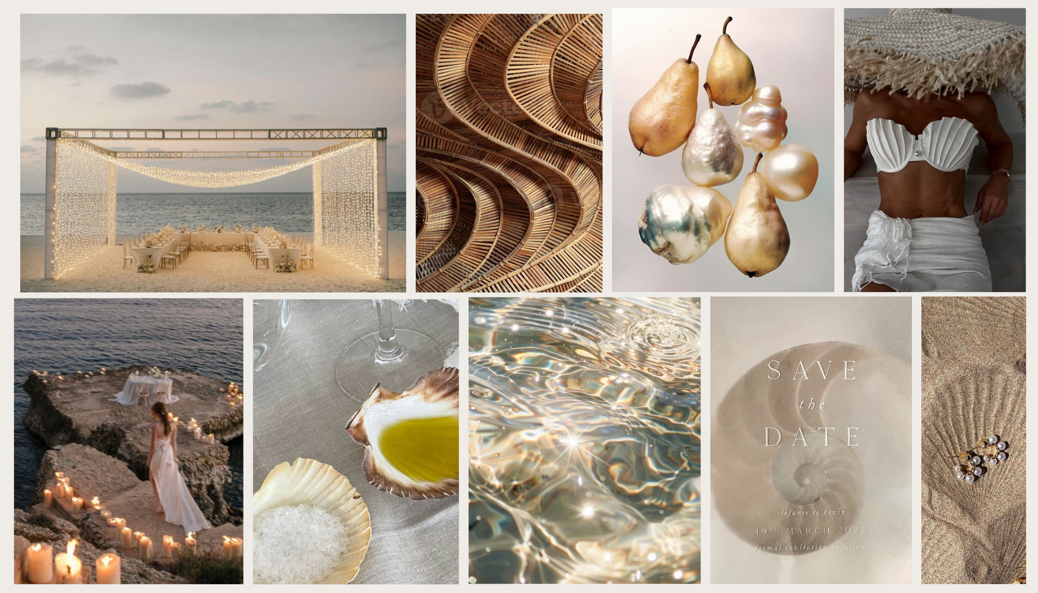 Coastal Modern wedding mood board showcasing sleek architecture, oceanfront views, neutral linens, and contemporary seaside styling.
