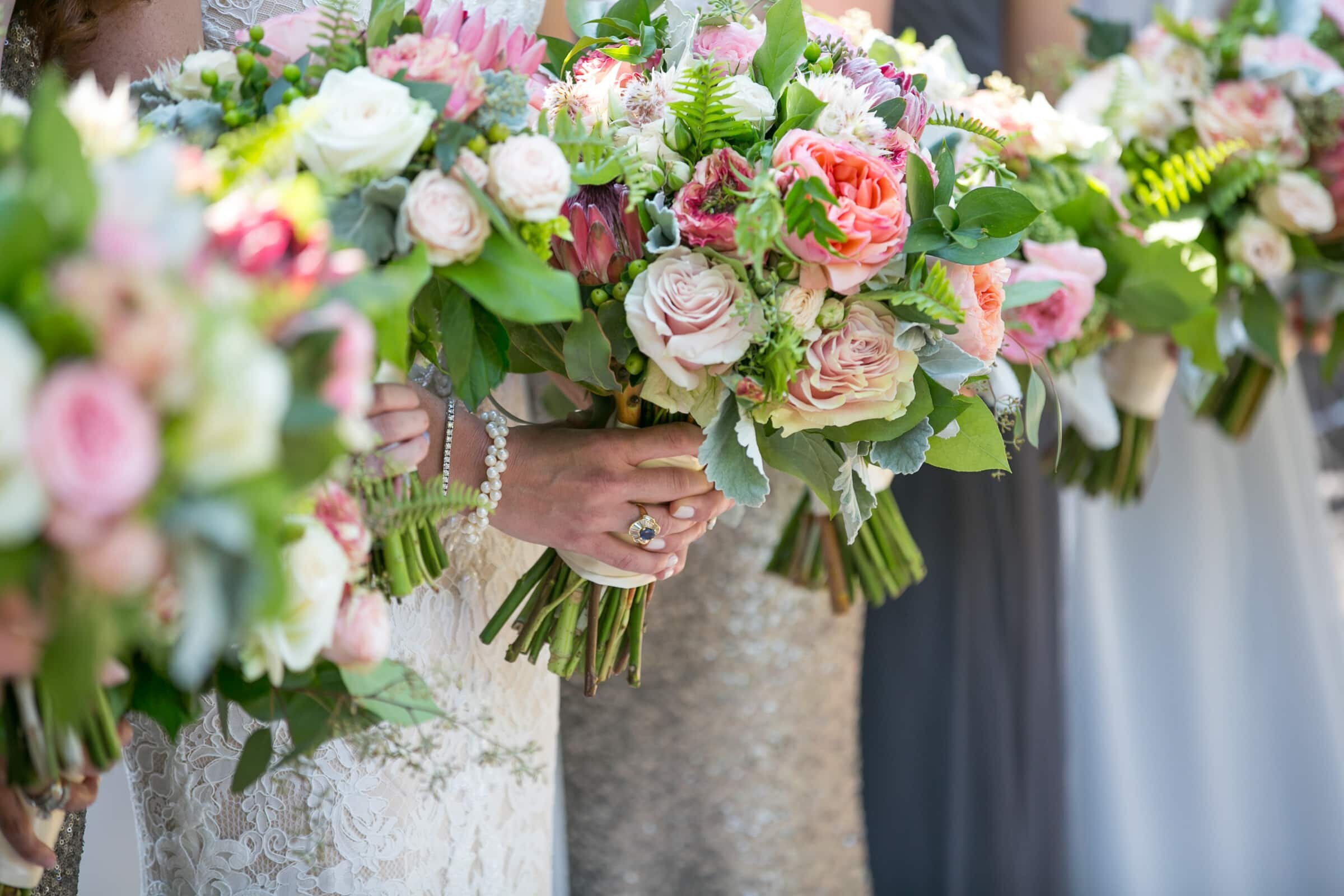 lush bridal flower arrangements, Oxbow Estates wedding photography.