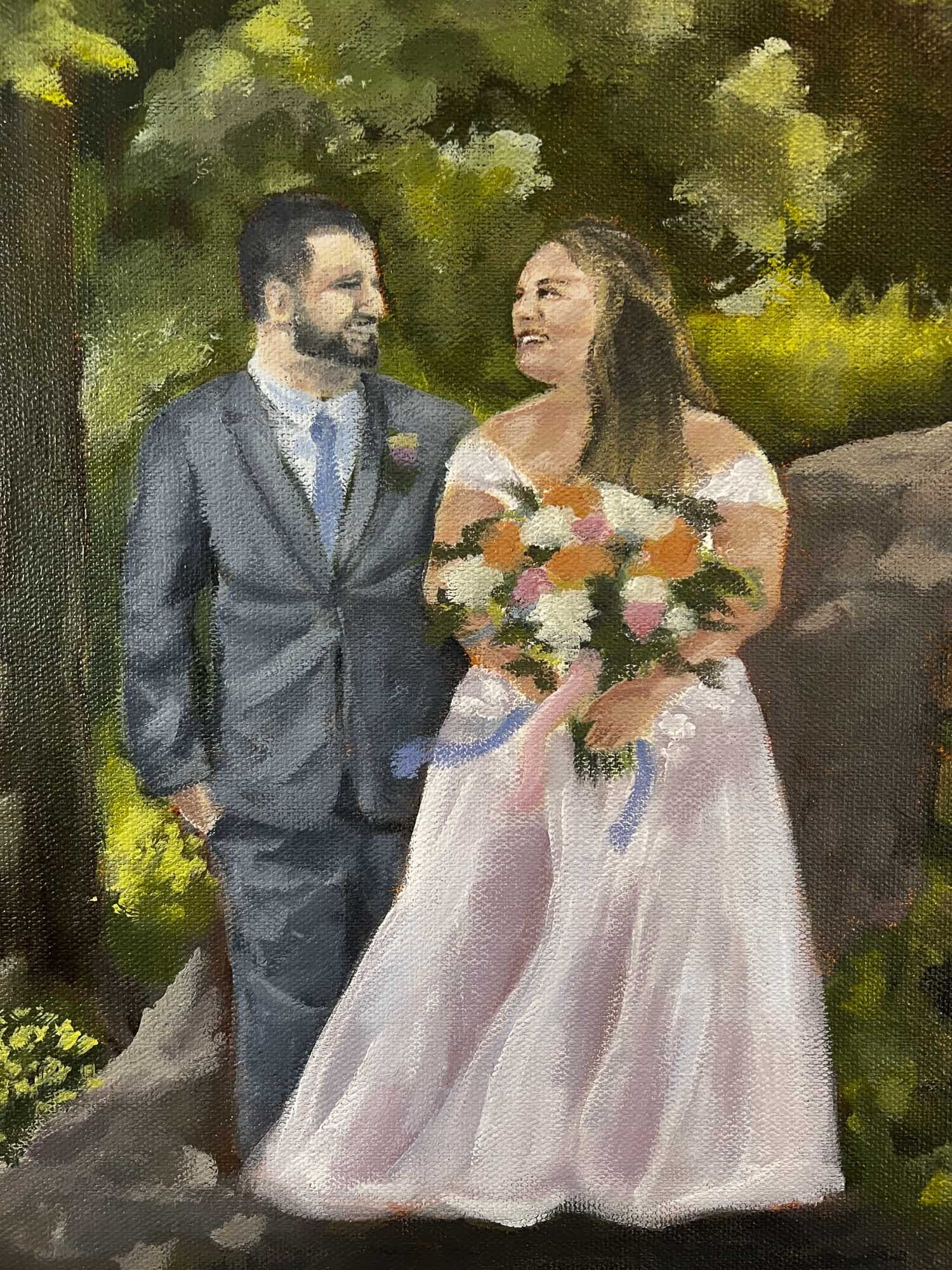 Closeup of bride and groom painting