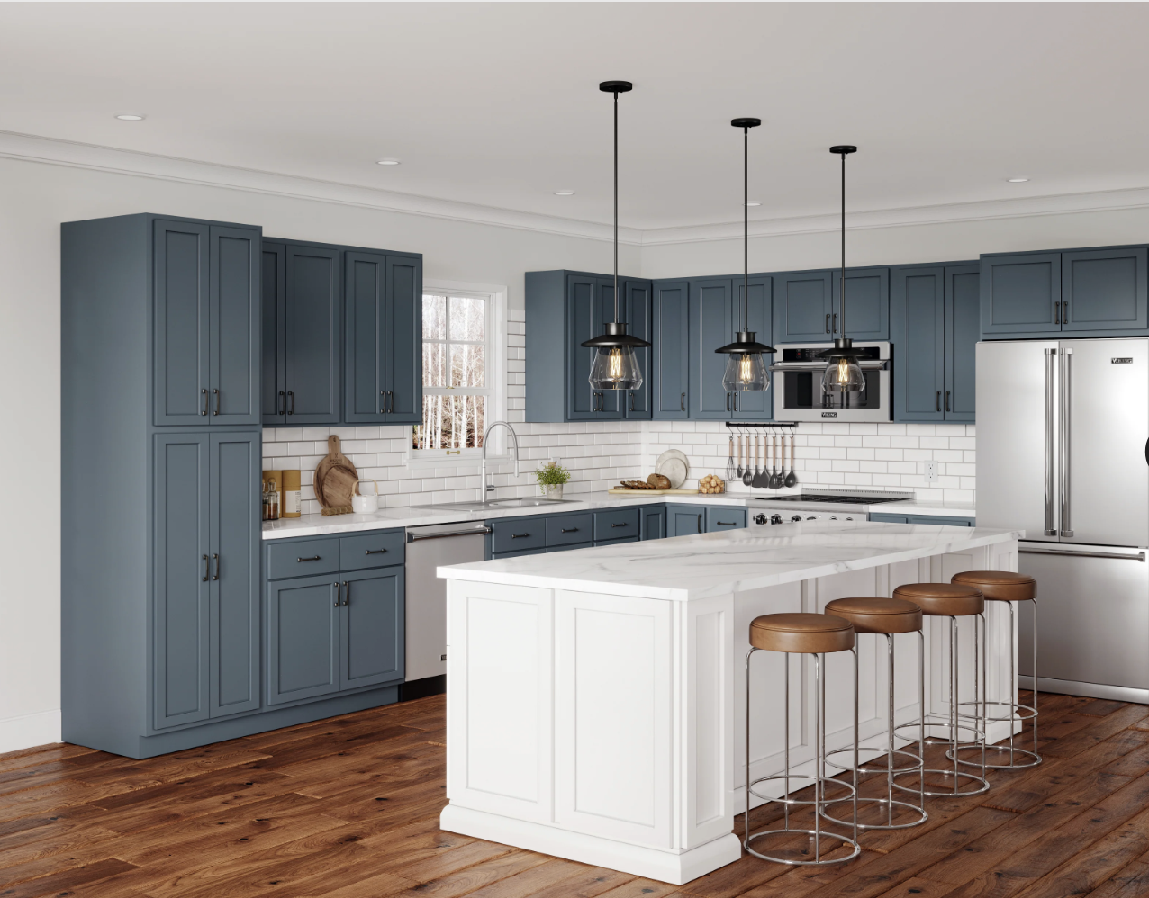 Blue and white kitchen design with cognac brown accents such as hardwood floors and leather bar stools.