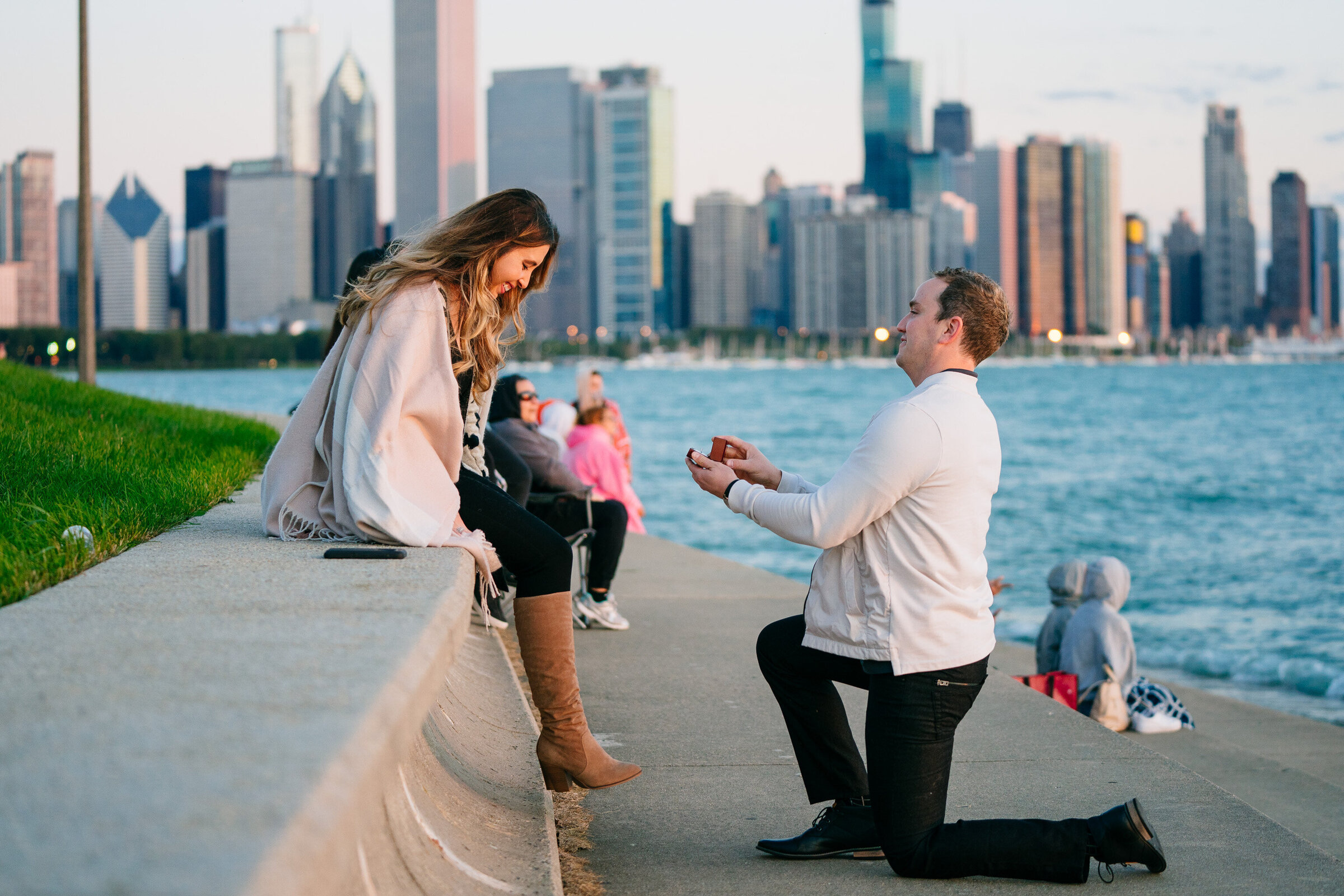 Sunrise proposal at the Adler Planetarium in front of Chicago Skyline