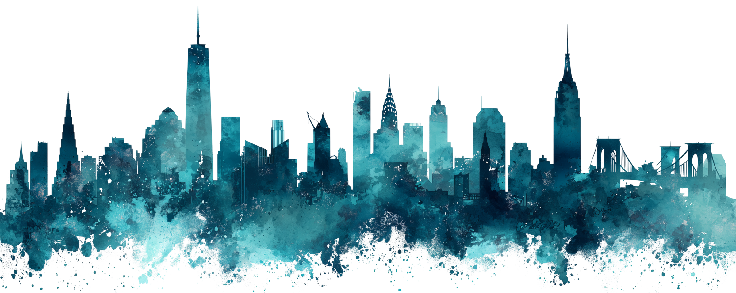 Artistic watercolor city skyline in teal and navy, featuring tall skyscrapers, towers, and bridges surrounded by expressive watercolor splashes - City Boss Coaching-Kellye Mazzoli