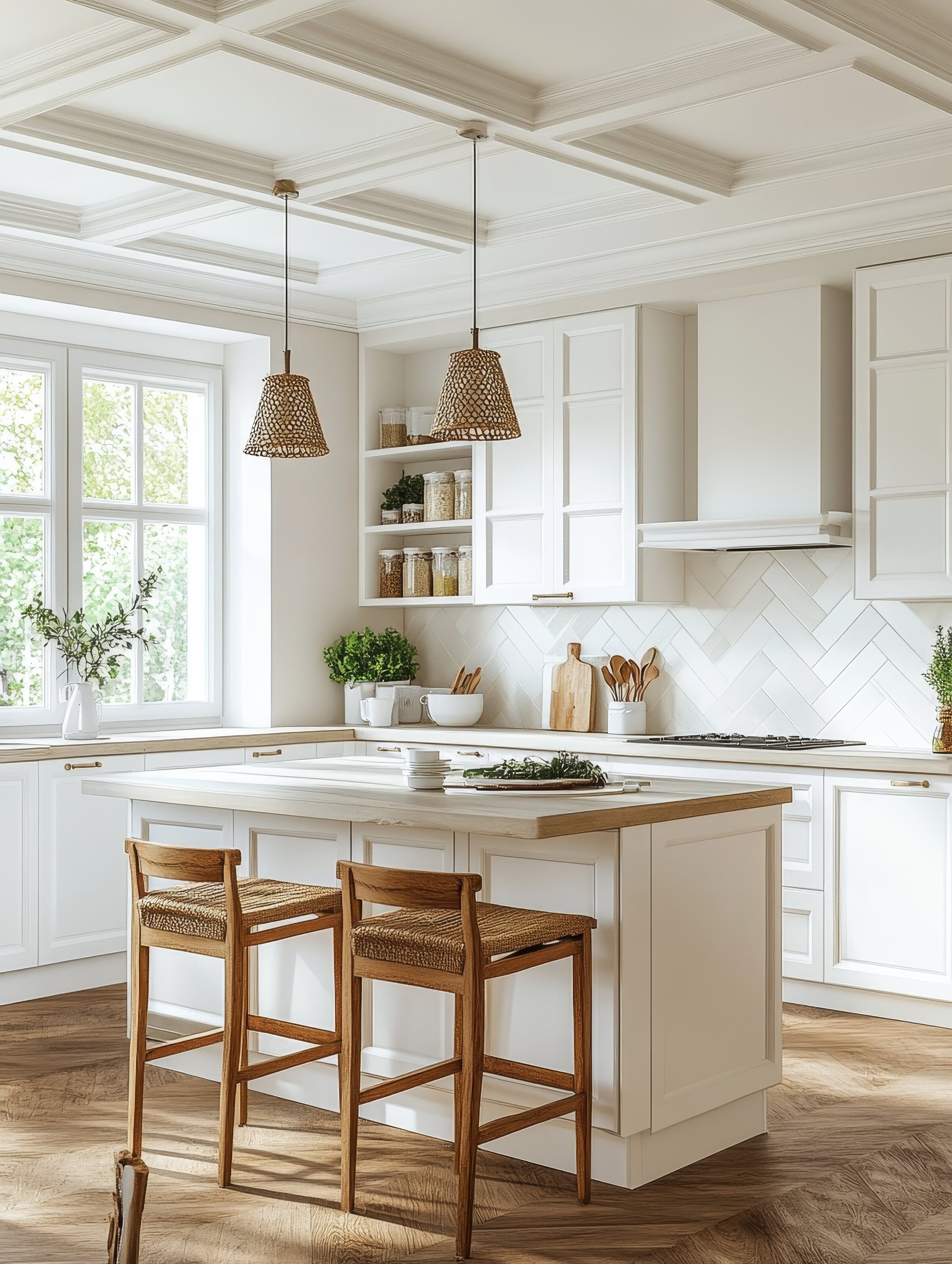 Modern cottage core kitchen design with white Fabuwood cabinetry and wood accents.