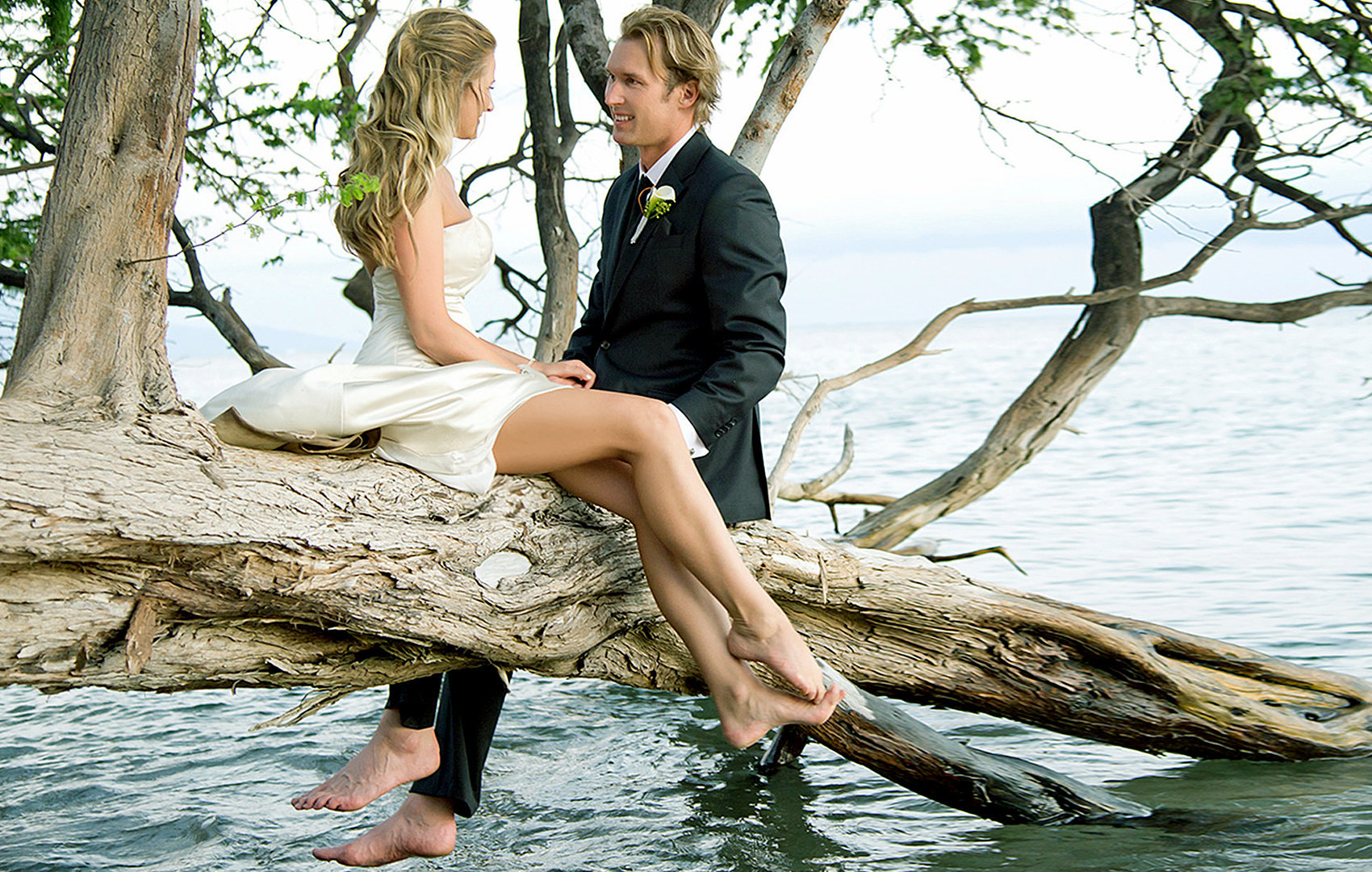 Bride and groom sitting on a tree with their feet dipped in the ocean.