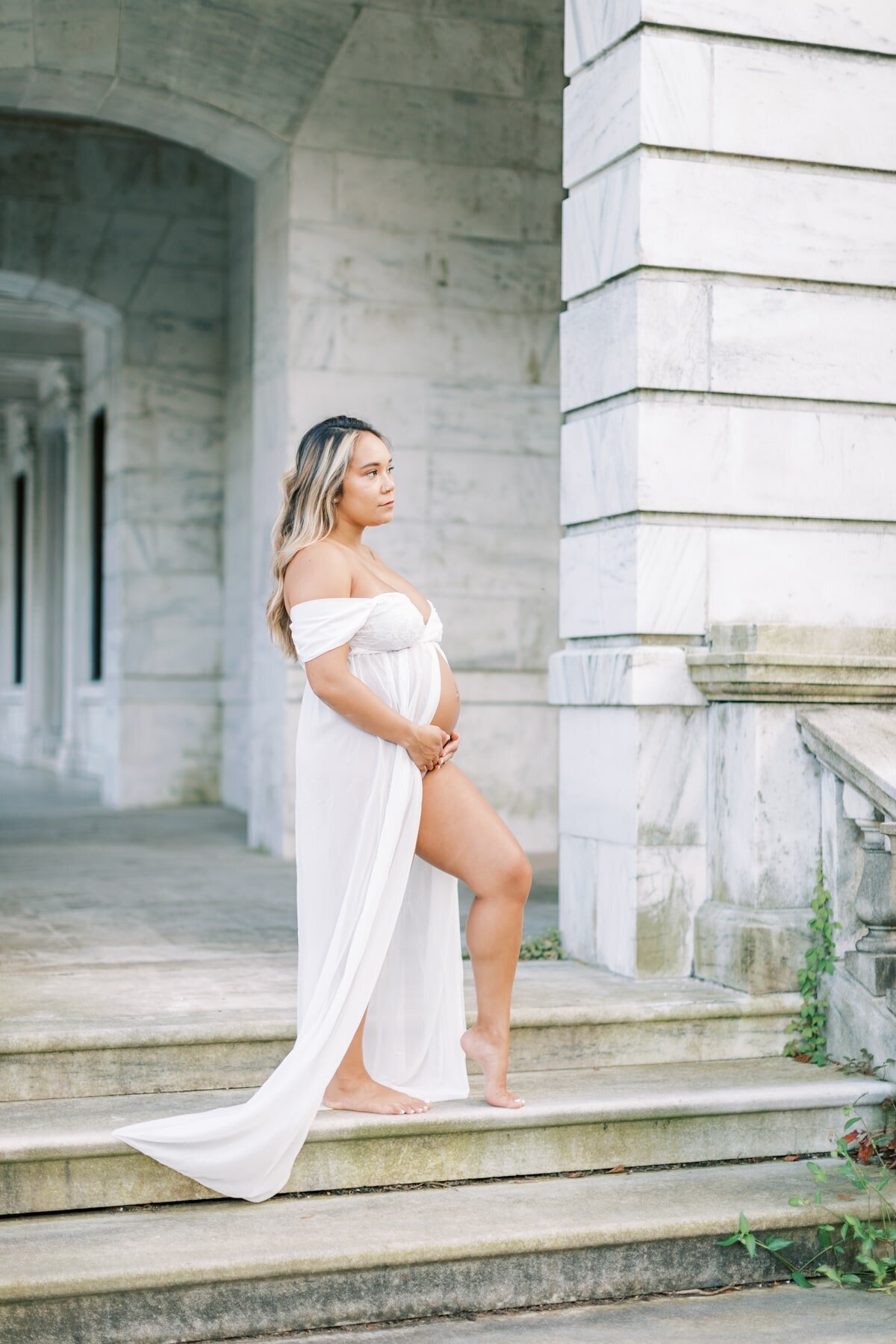 Maternity photos of a gorgeous woman on the steps at Swannanoa Palace.