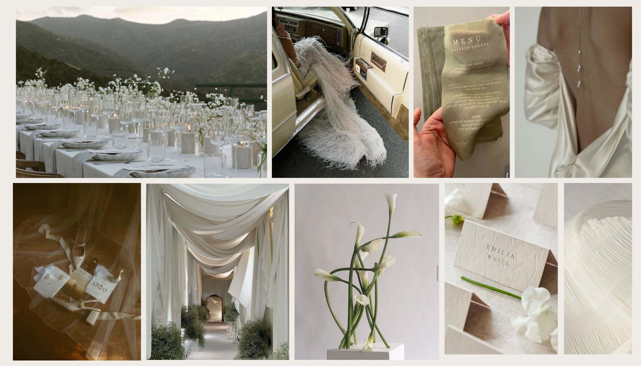 Airy and Whimsy wedding mood board with sheer draping, feathered textures, sculptural white florals, and ethereal light-filled details.