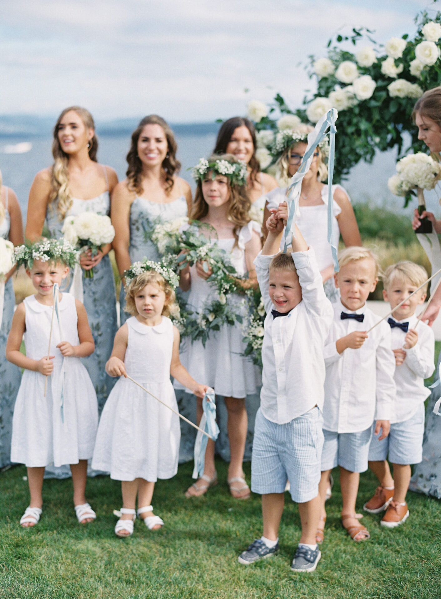 blue and white wedding children  on lake