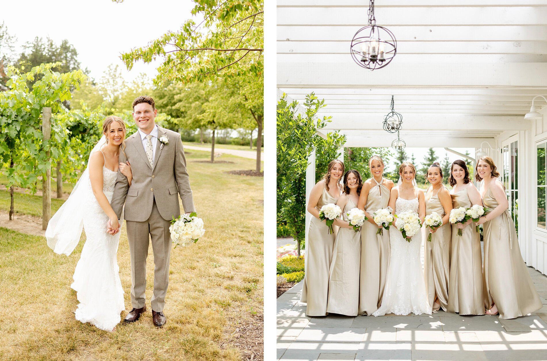 Bride and groom holding hands, and bridesmaids holding bouquets by wedding photographer minneapolis by Kacey Wyrick Photography
