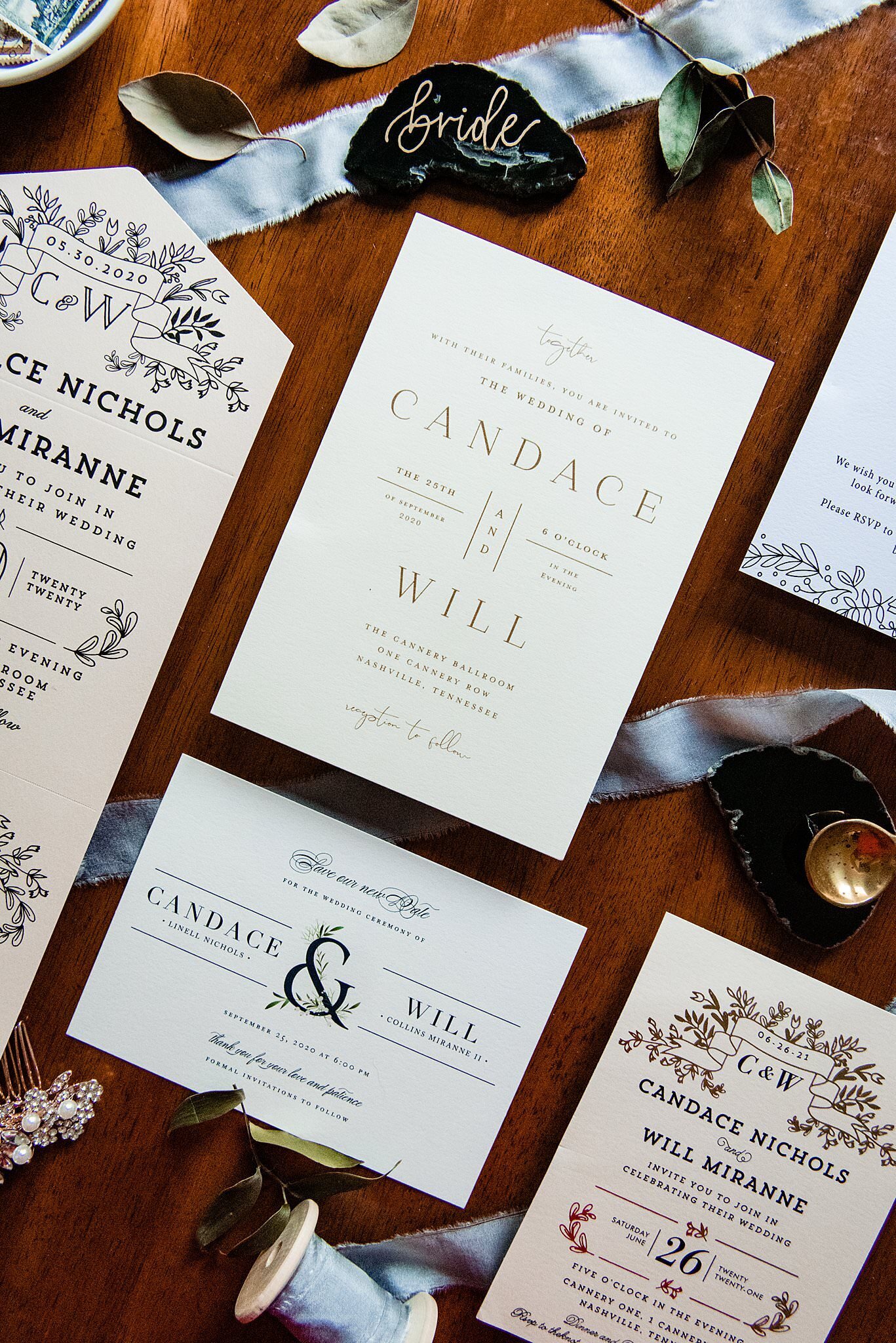 Wedding stationary suite for Cannery ONE wedding stylized with soft blue ribbon, agates and greenery