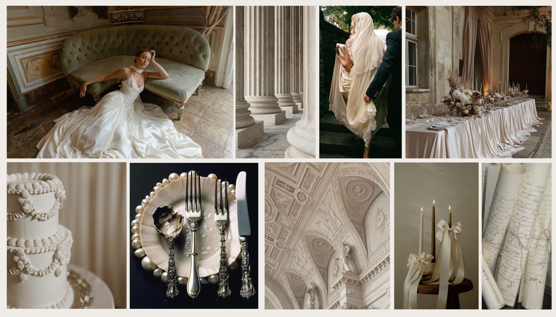 Heirloom Grandeur wedding mood board featuring regal florals, timeless details, ornate architecture, and a legacy-inspired aesthetic.