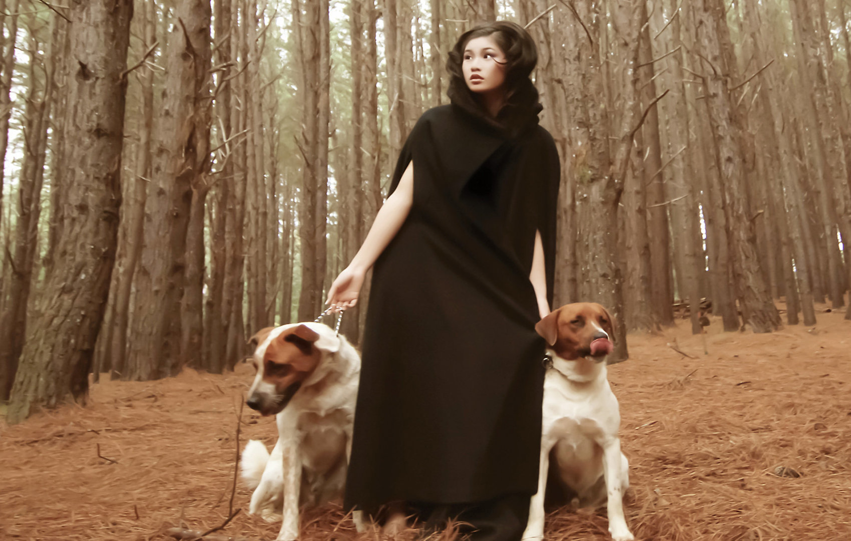 model and her dogs in the woods.