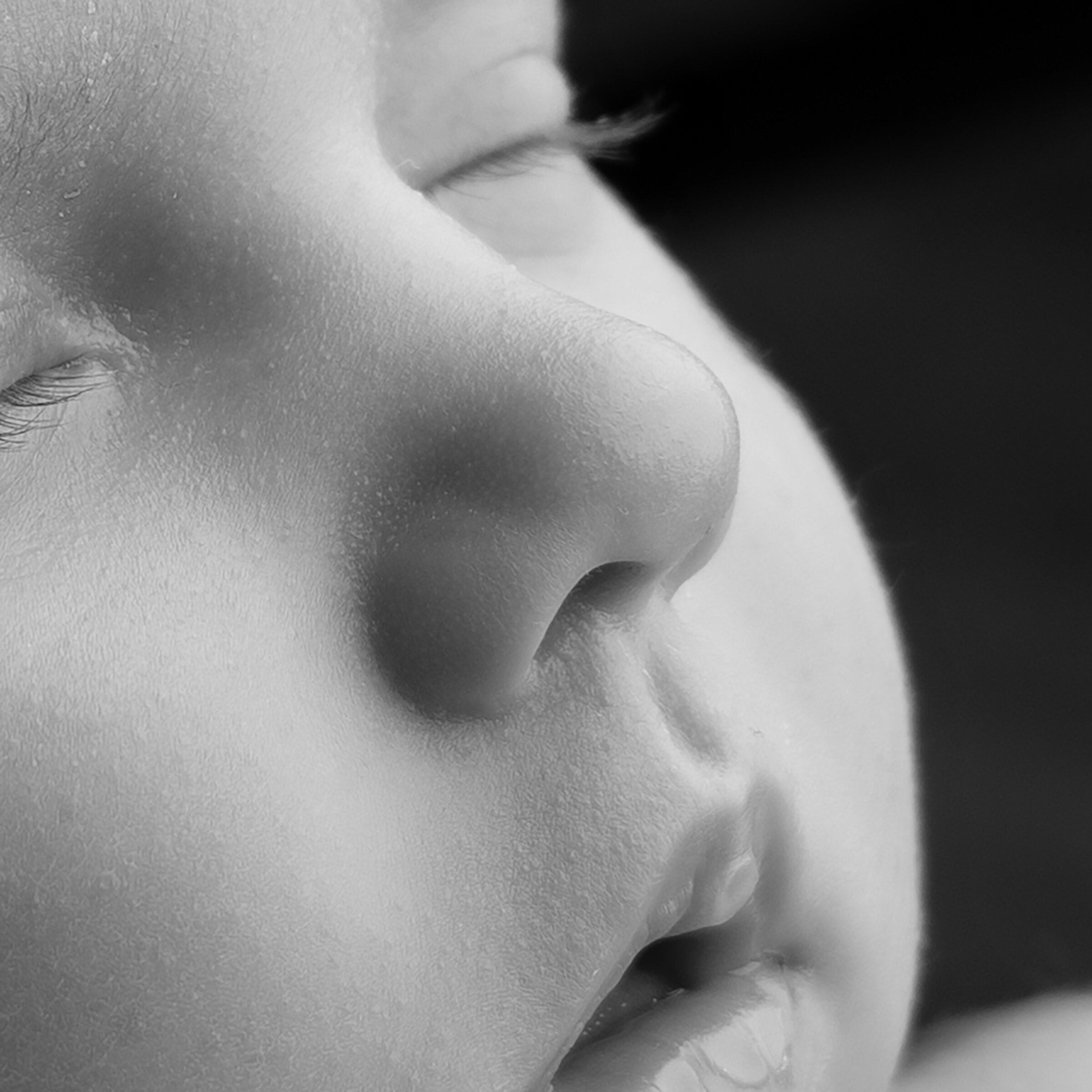 Black and white close up of a newborns nose.