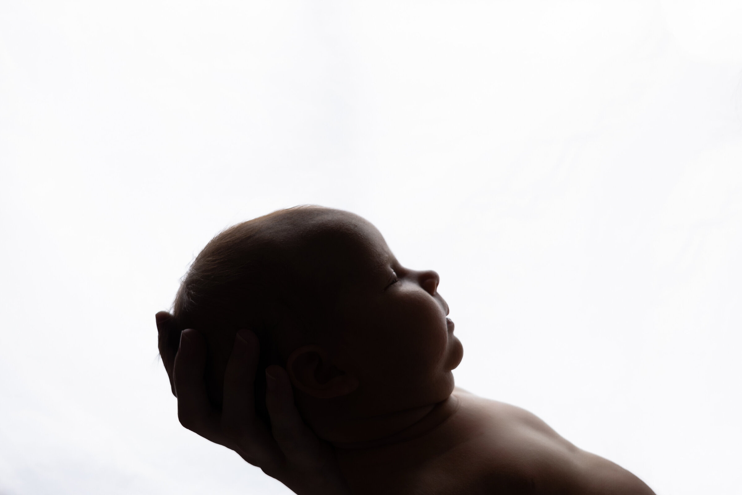 A newborns side profile with the parents hand under her head.