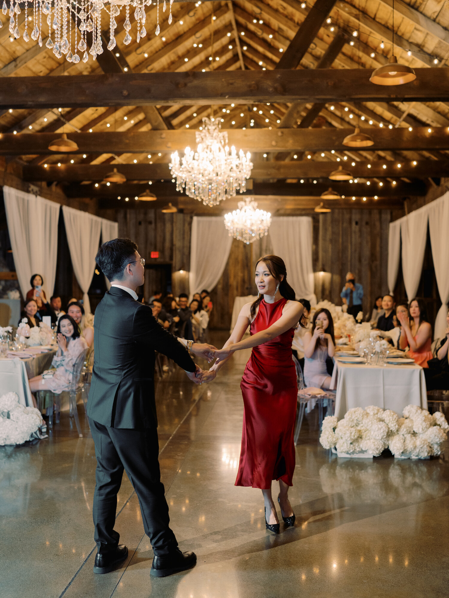 Chinese wedding first dance red silk dress