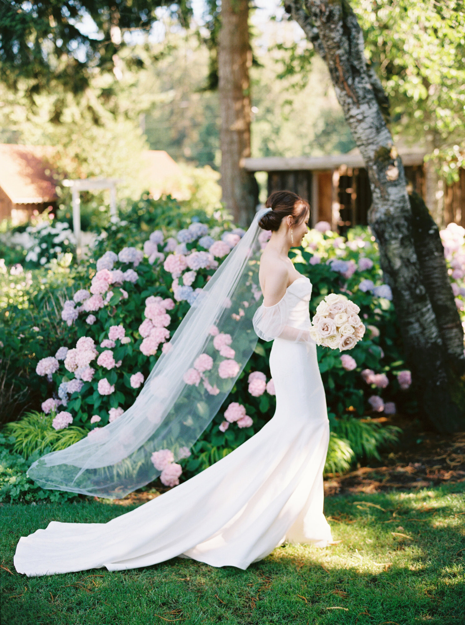 profile photo of bride walking with long train and veil falling behind her in garden