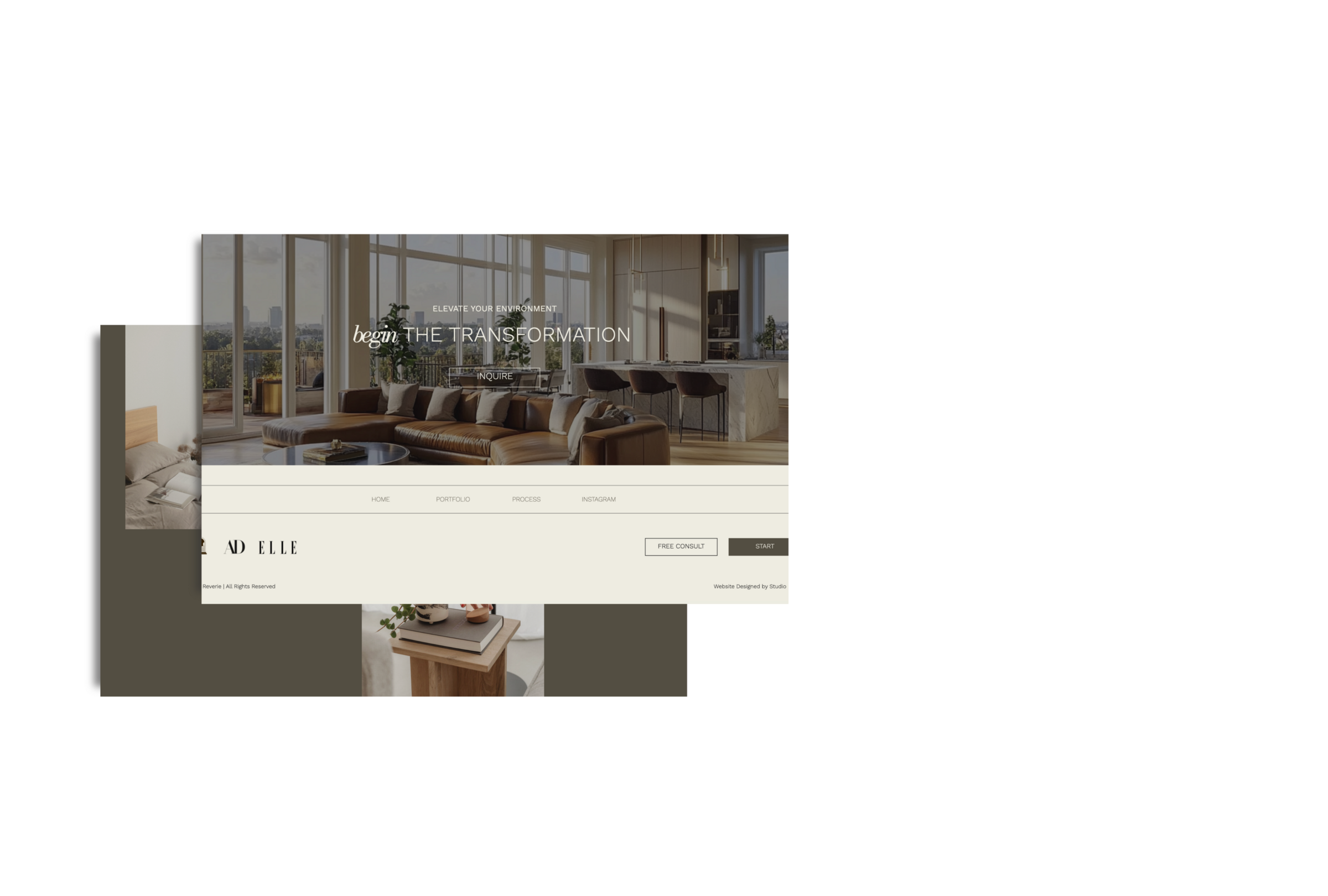 The footer section of Studio Reverie’s website featuring a compelling call to action, "Begin the Transformation," encouraging visitors to take the next step in elevating their brand’s digital presence.