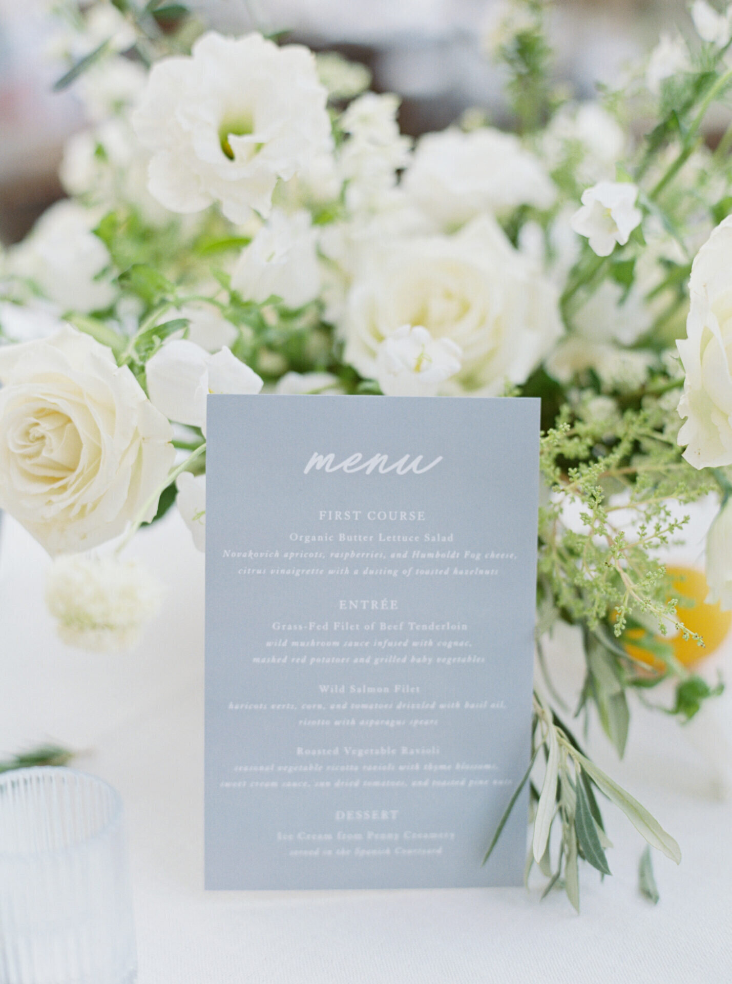 light blue and white wedding menu