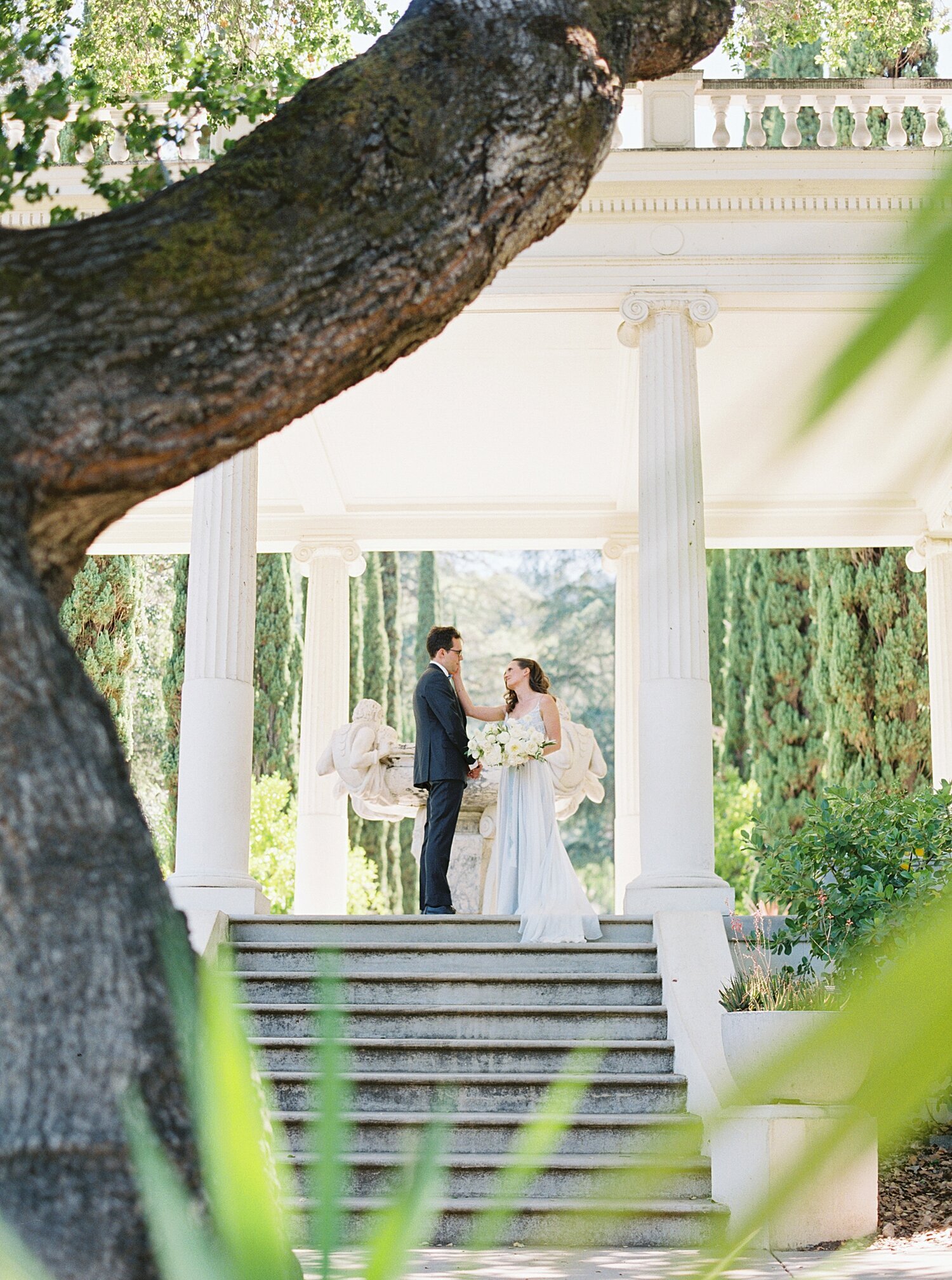 photo from far away and through palms of bride touching grooms face on stairs