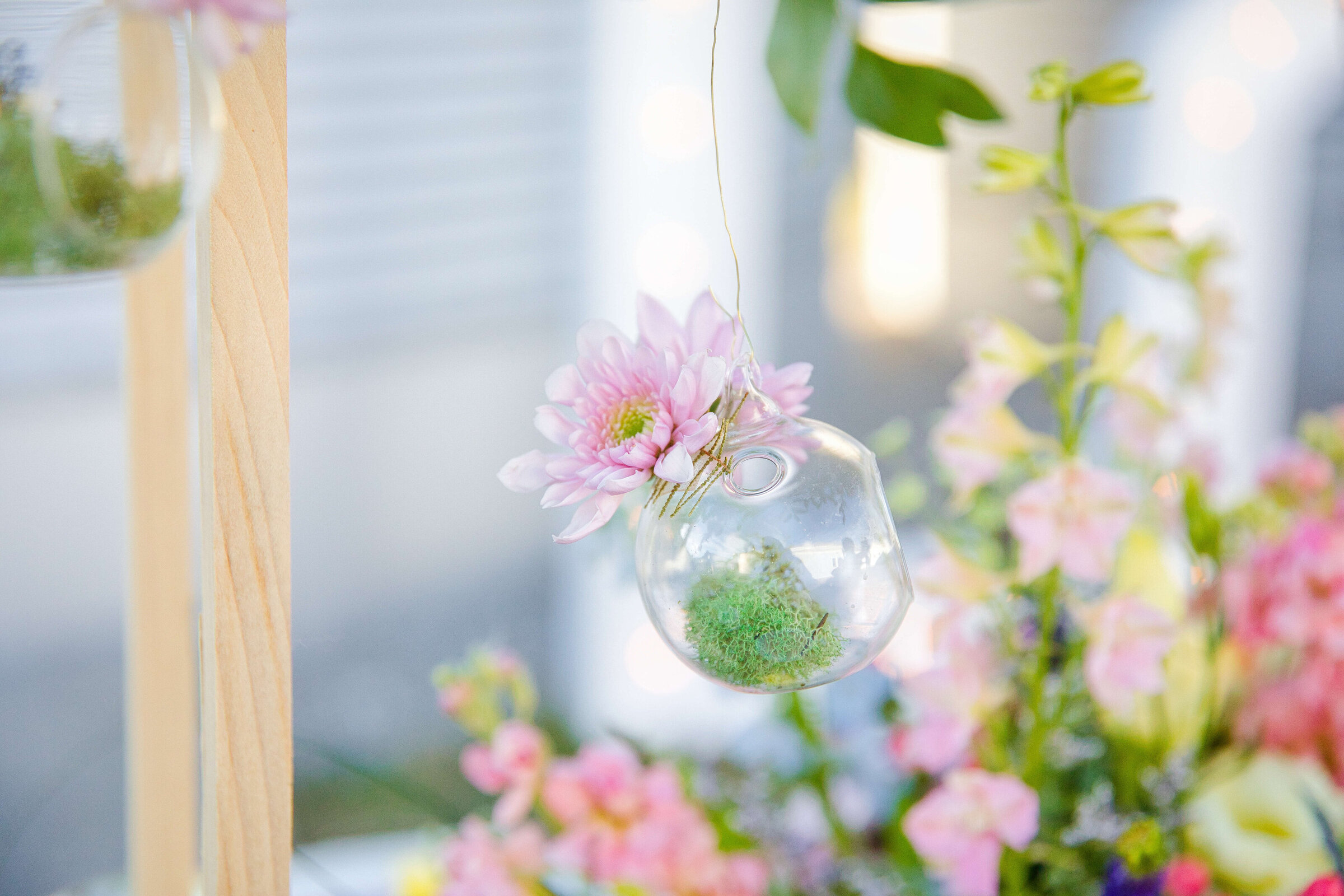 Glass bubble vase hangs in the air with a flower in it and there are other flowers in the background