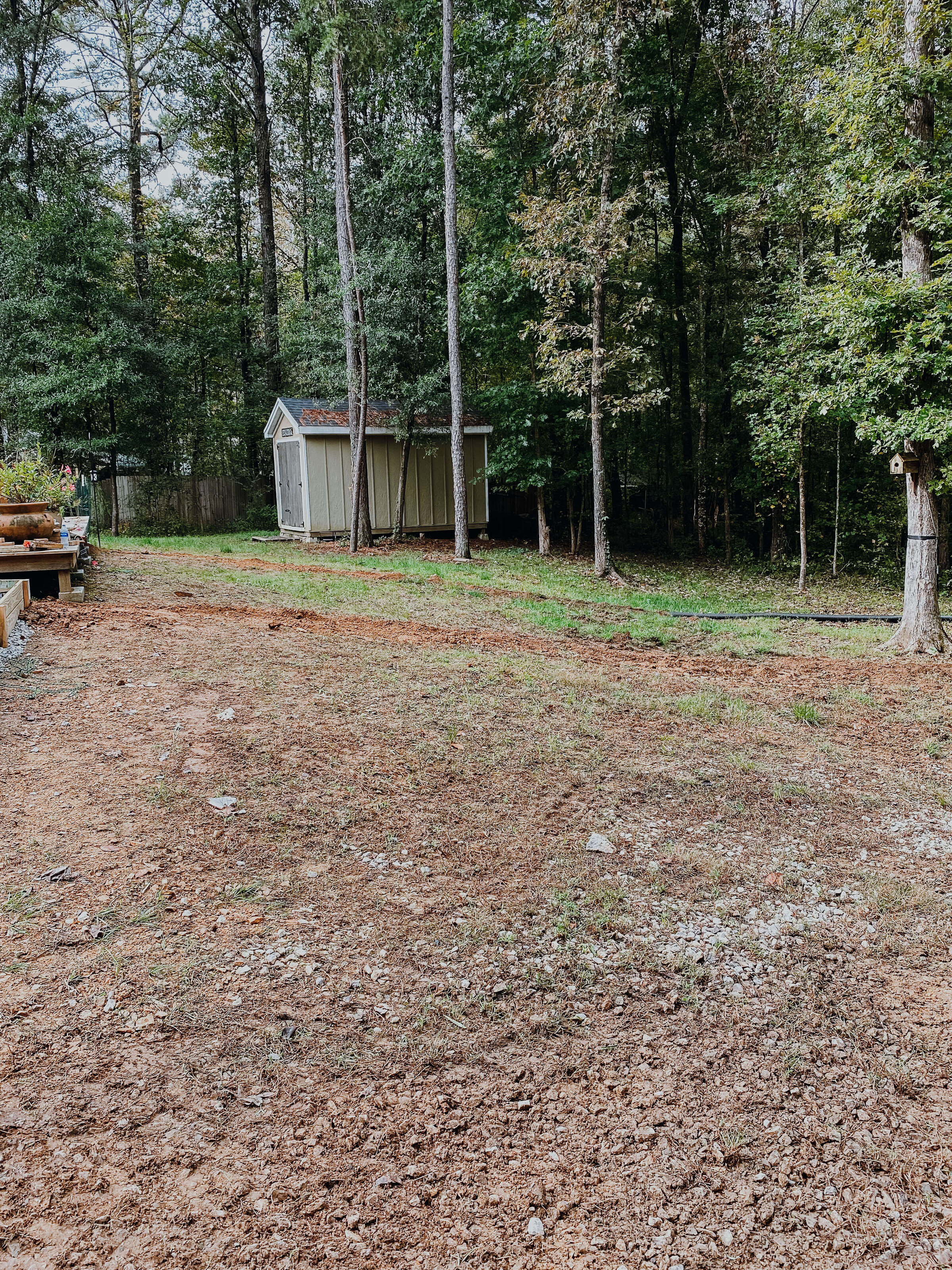 gravel-and-dirt-area-in-front-of-shed-and-treeline