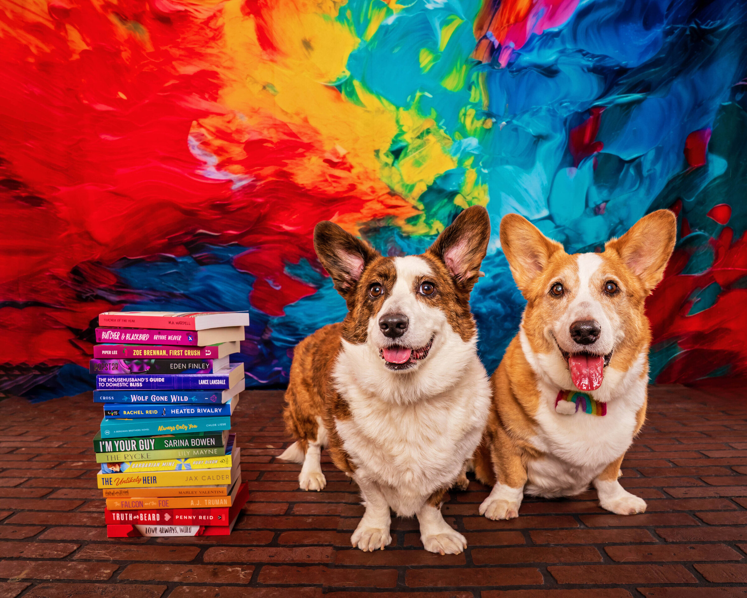 two corgis next to a stack of rainbow books