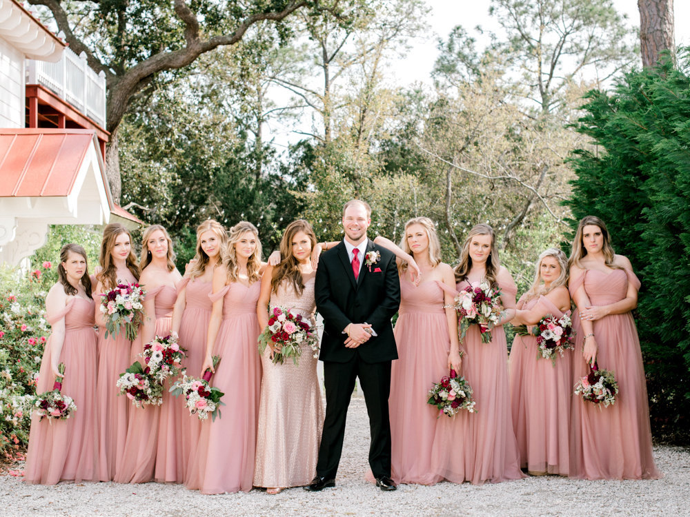 Groom bridesmaids pink Tybee Chapel