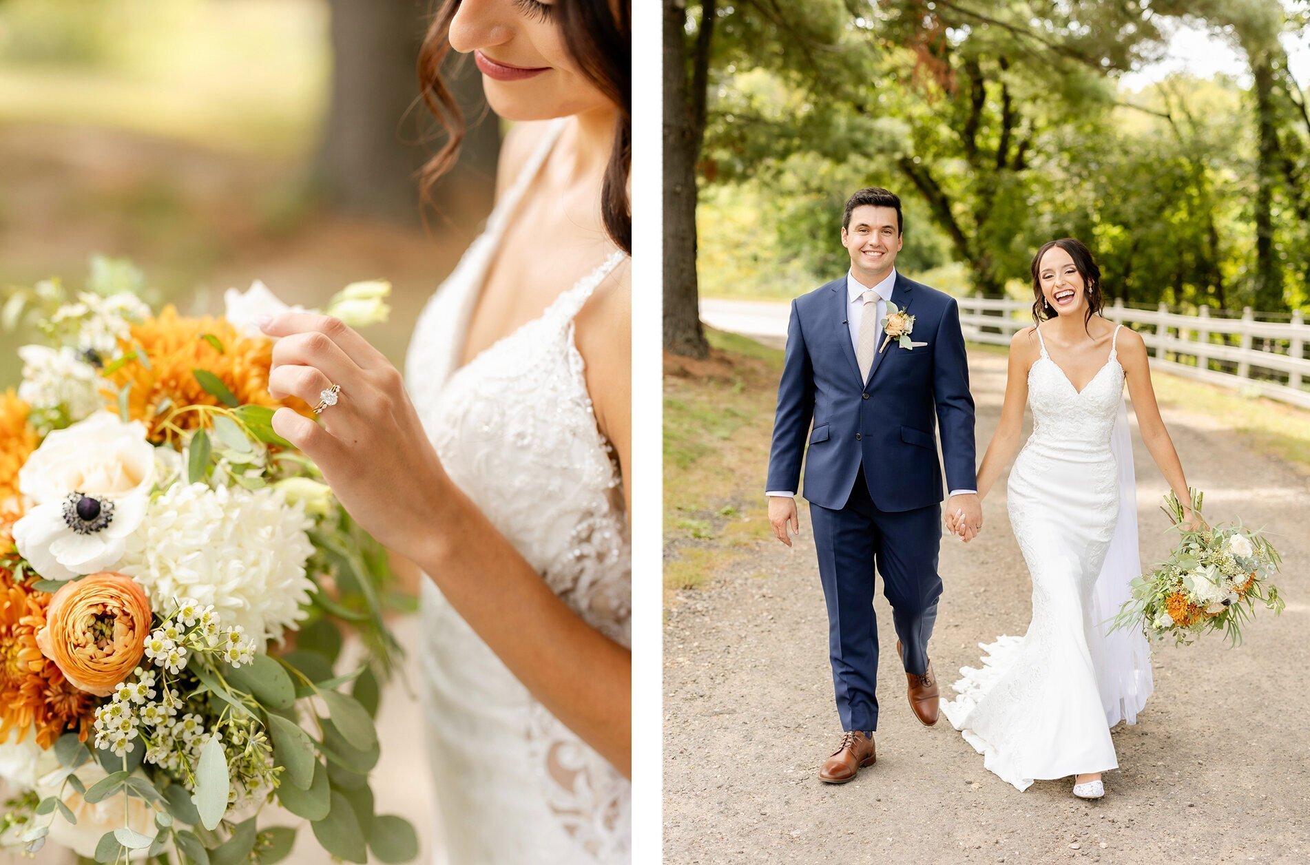 bride looking at floral bouquet, and holding groom's hand and walking taken by wedding photographer minneapolis by Kacey Wyrick Photography
