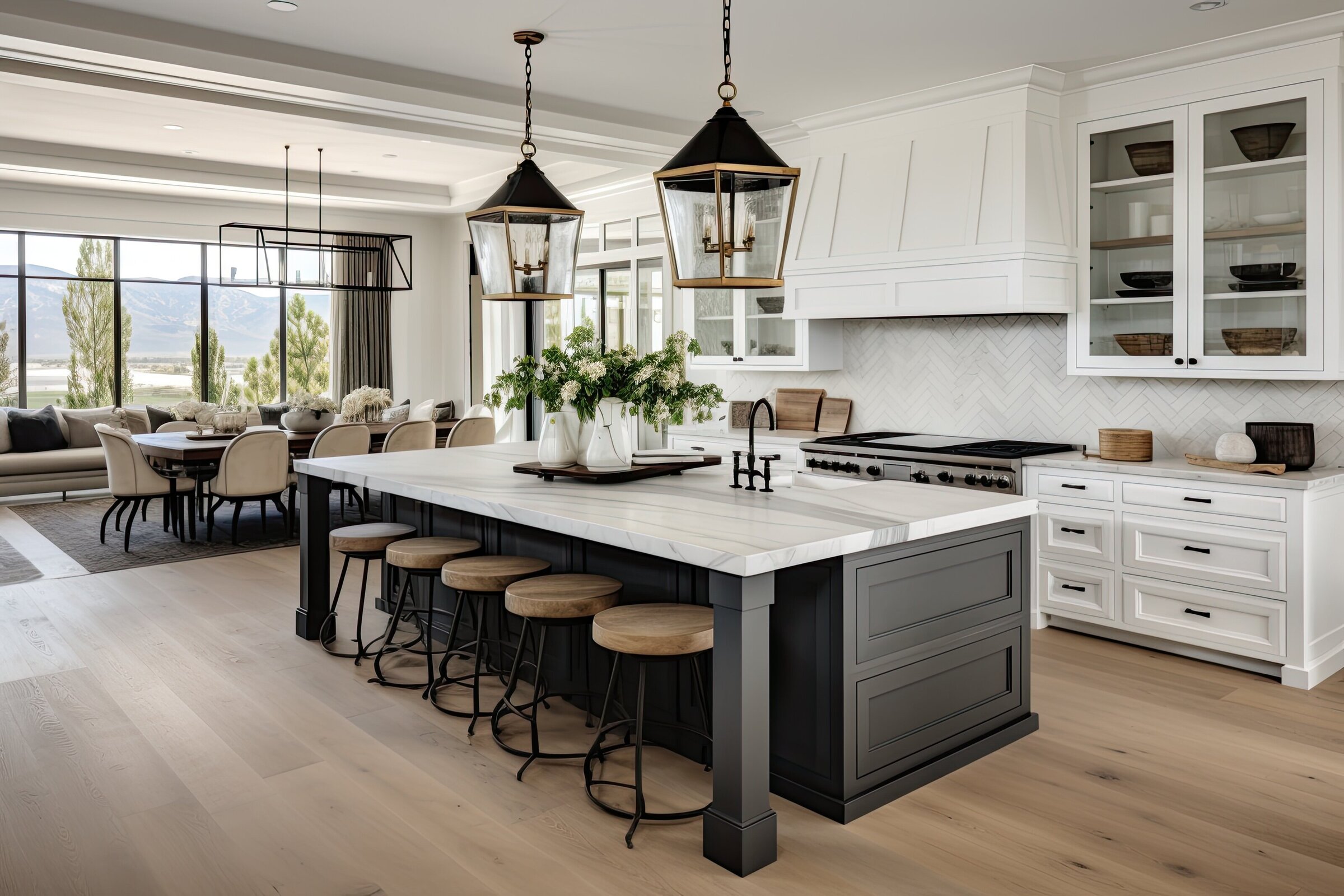 Modern CT kitchen design with light brown wood, white and black cabinetry, and black hardware.