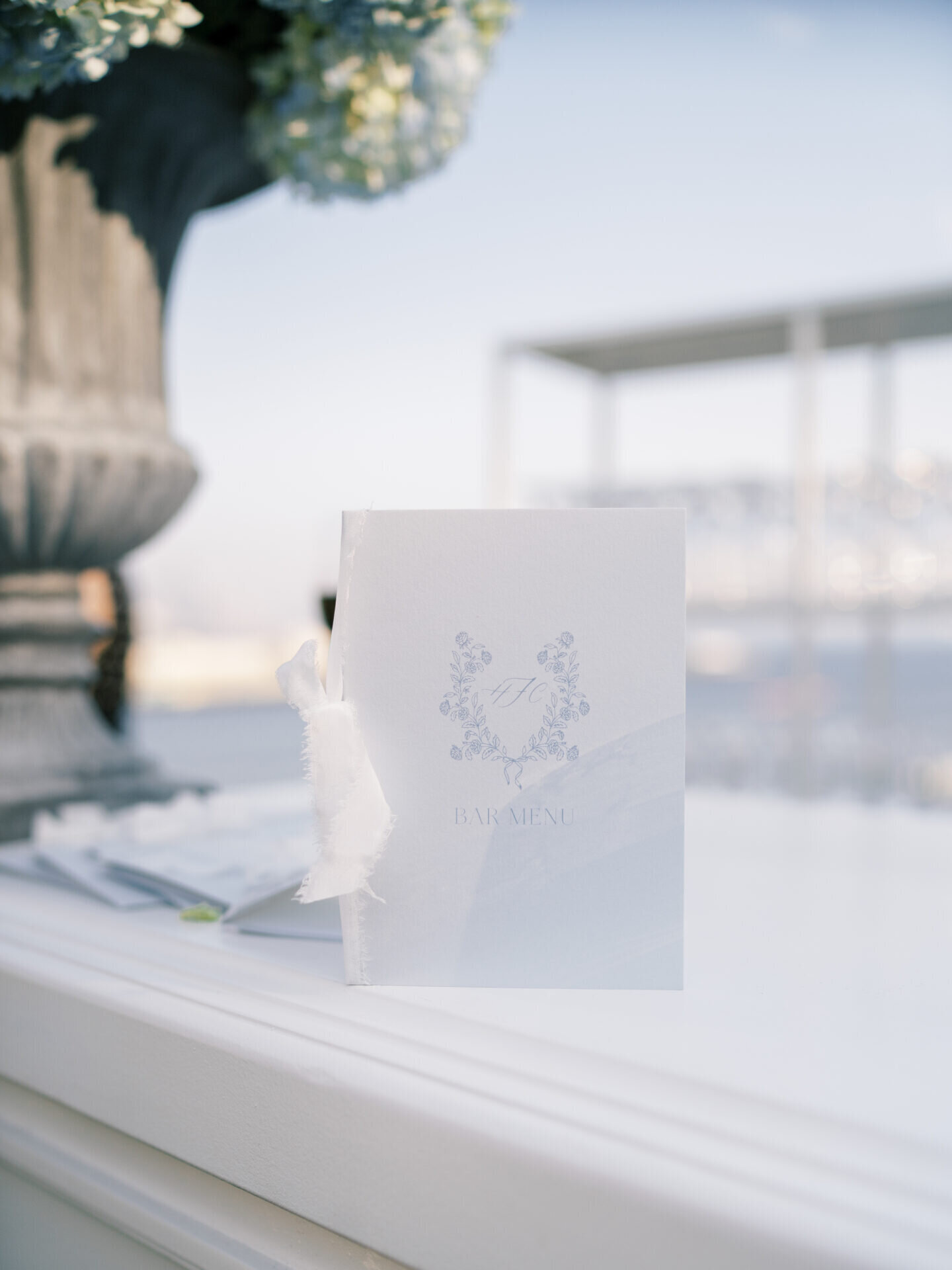 light blue with white silk ribbon wedding bar menu