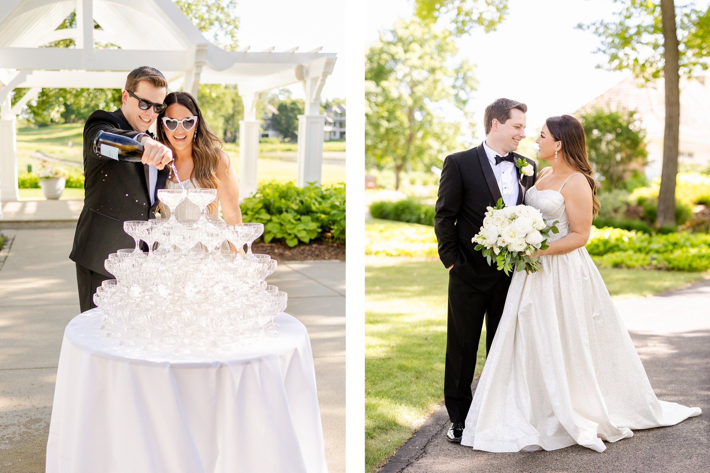 champagne fountain with bride and groom smiling, by wedding photographers minneapolis Kacey Wyrick Photography