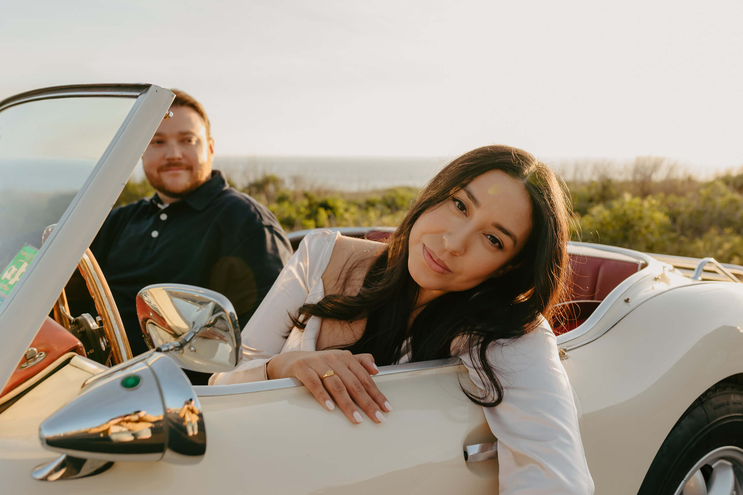 Couple at a vintage car engagement shoot in Orange County