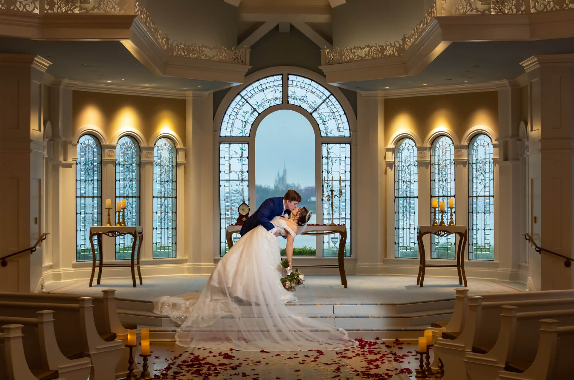 Destination-Wedding-Photographer-Disney-Wedding-Pavillion-Dip-Kiss-Castle-Flowers