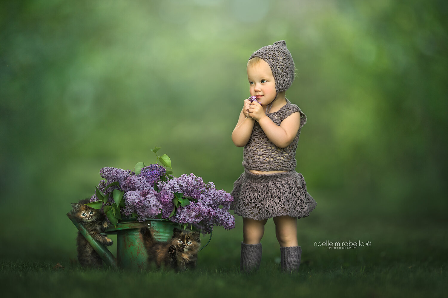 Little girl with lilacs and kittens.