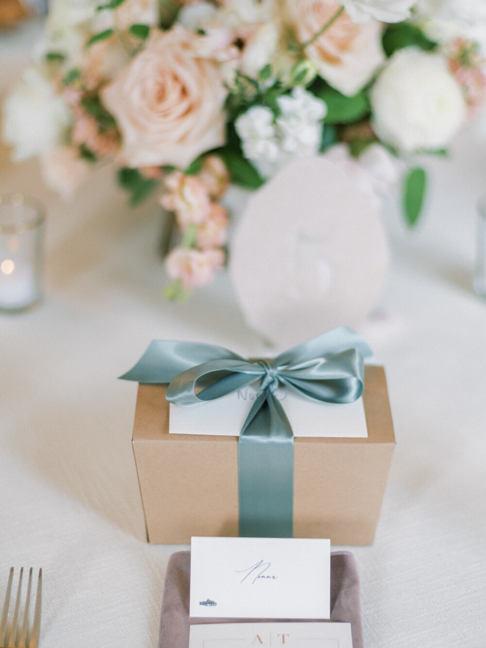 wedding favor boxes with sage satin ribbon
