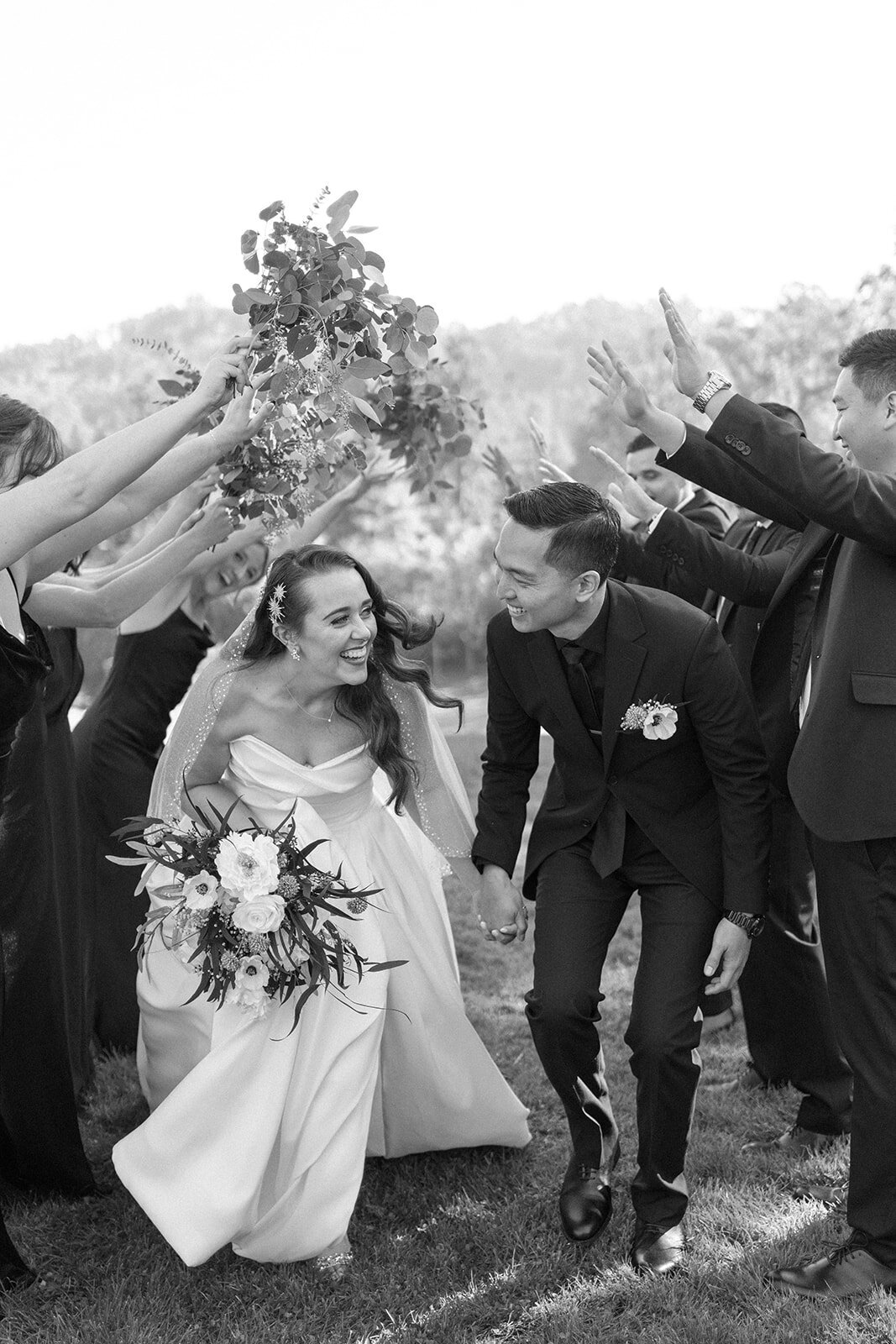 Black and white image of a bride and groom