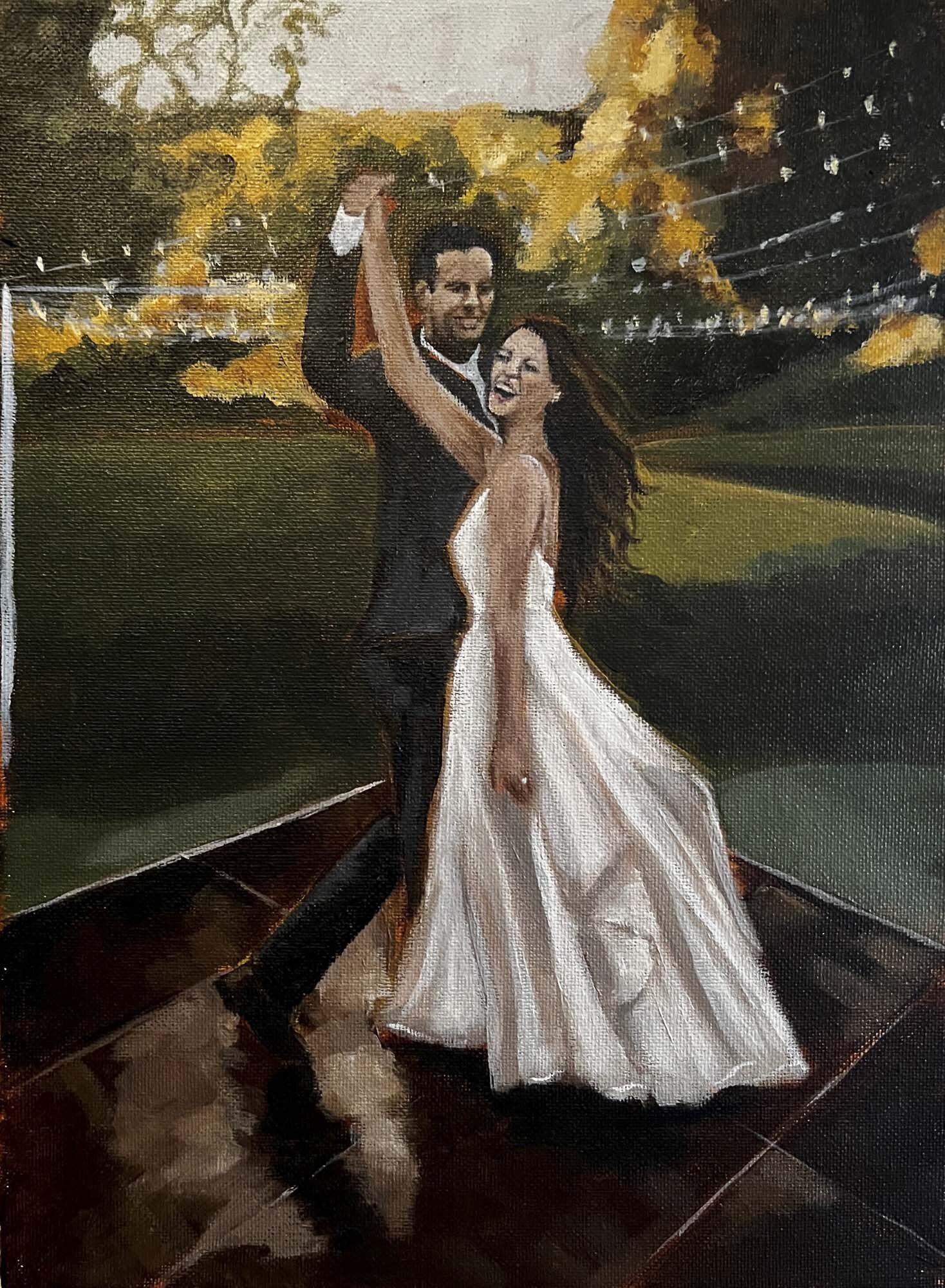 Painting of a first dance outdoors under twinkly lights