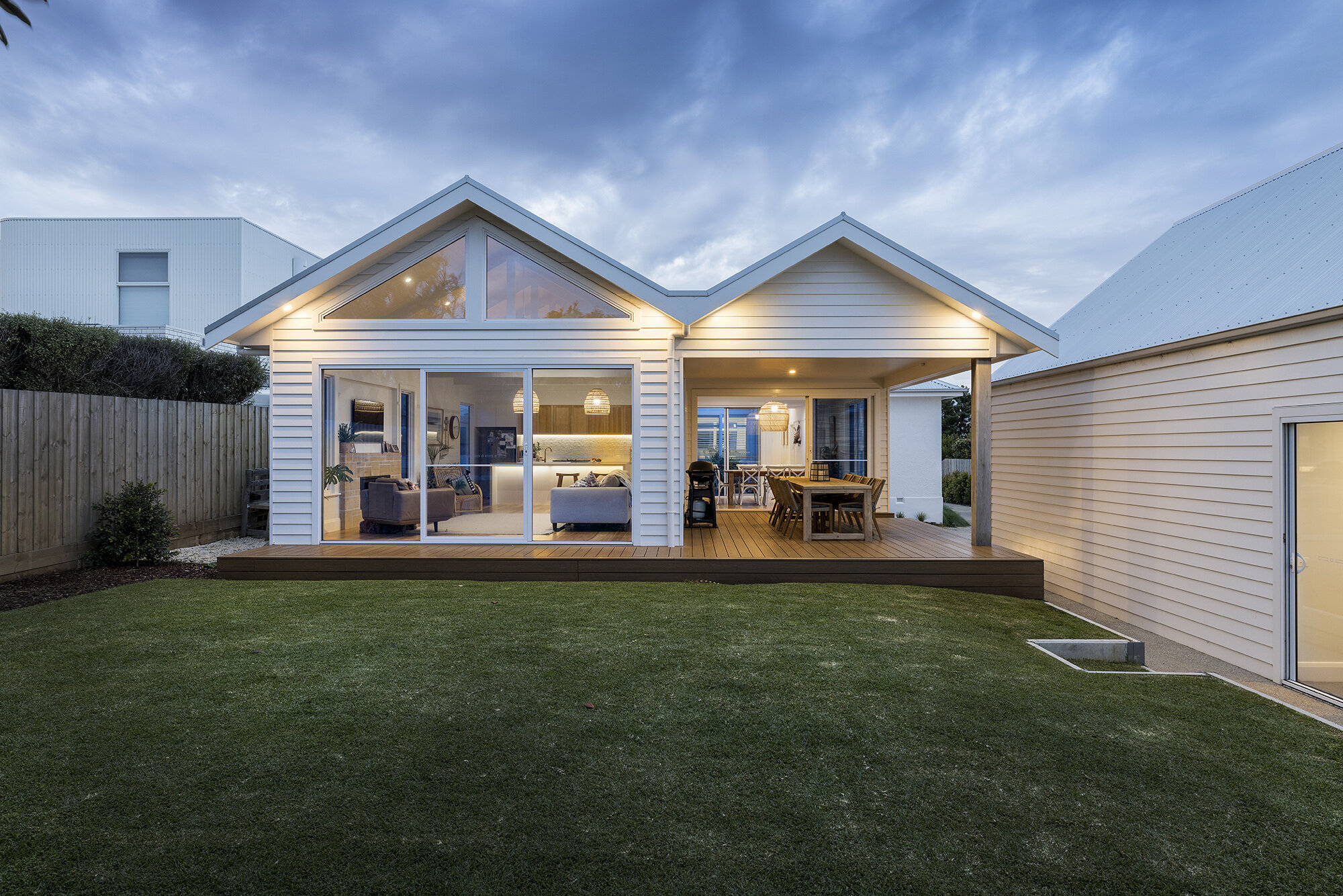 Modern country home extension weatherboard look pitched cieling