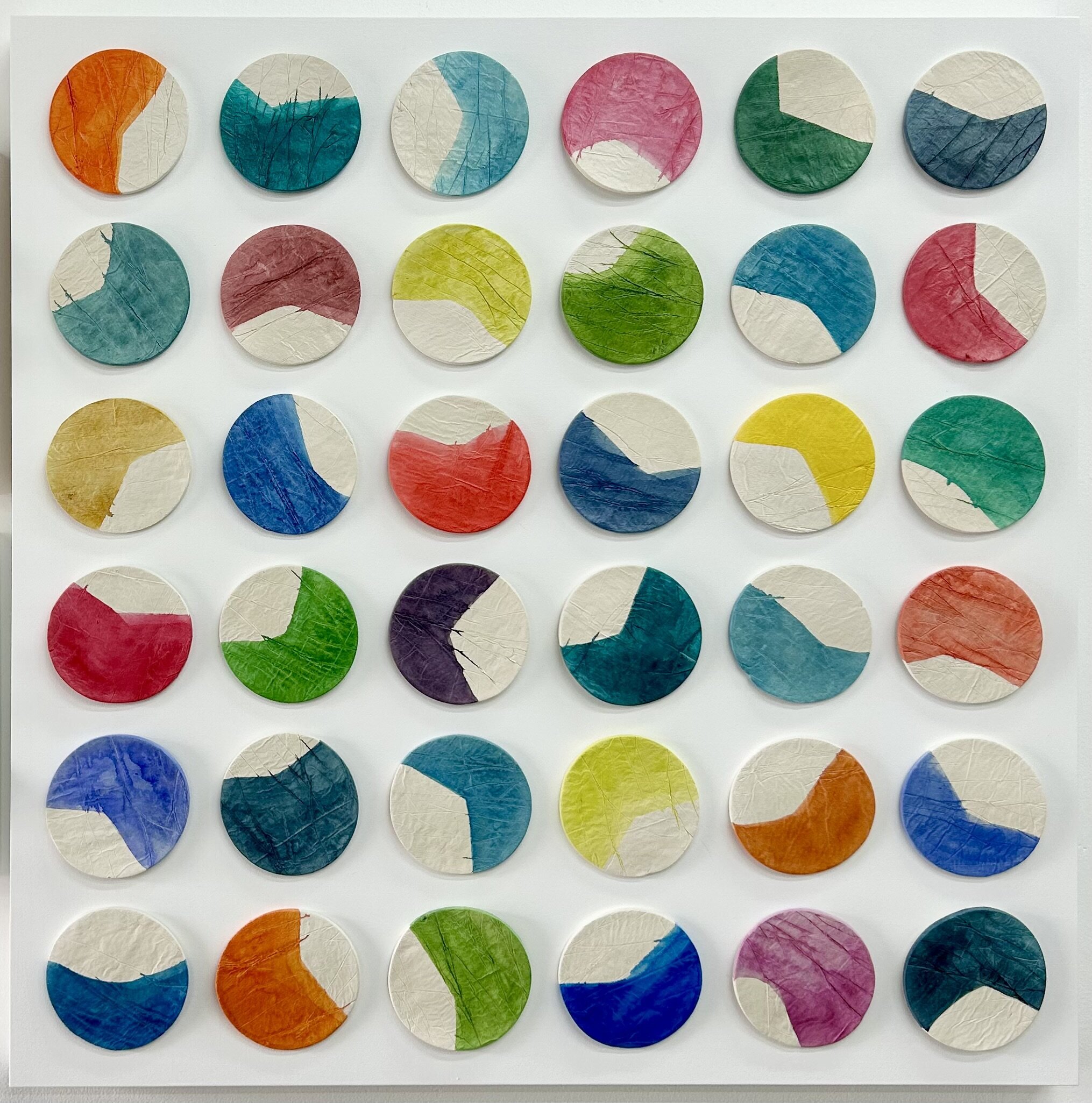 Emily Mann, Ink and Indigo, customizable dimensional wall artwork, paperclay disks with watercolor, 36x36-2