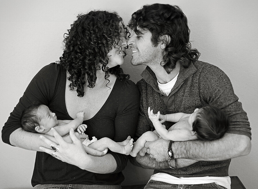 Family with newborn baby twins in home, captured with natural light — San Francisco Bay Area newborn photographer
