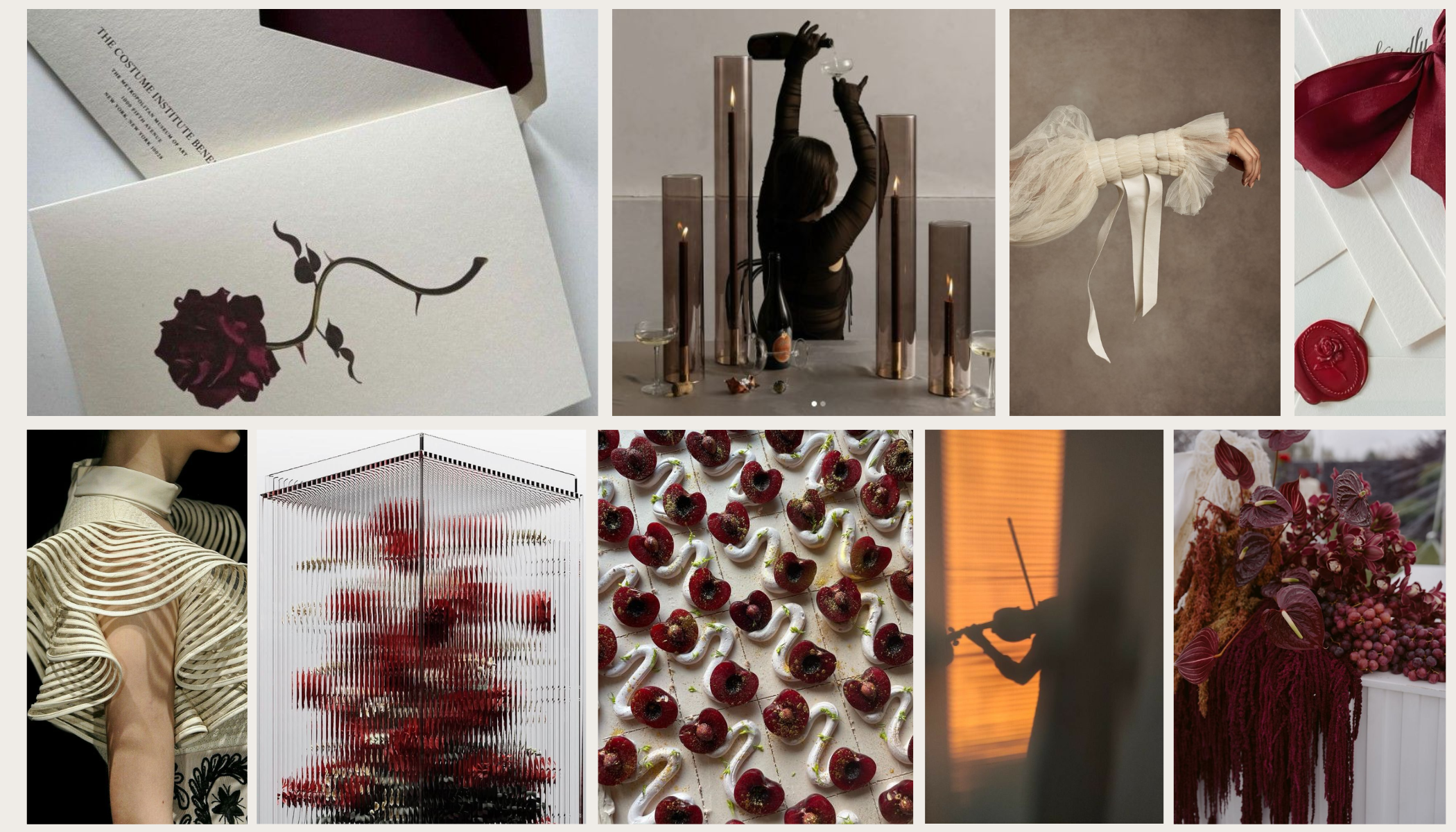 Mood and Muse wedding mood board with dramatic lighting, velvet textures, deep tones, and cinematic, editorial-inspired details.