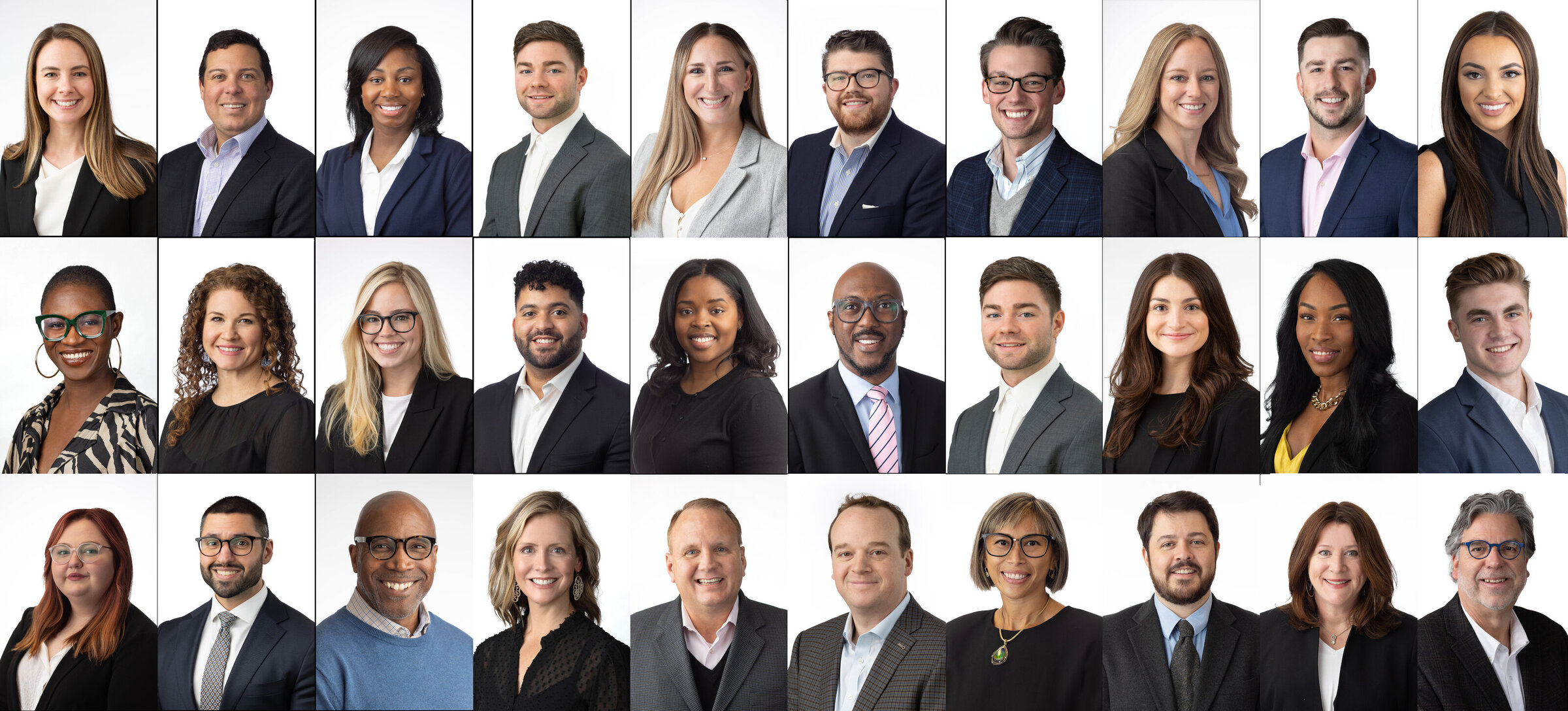 Group of headshots on a white background, consistent images of lots of different people
