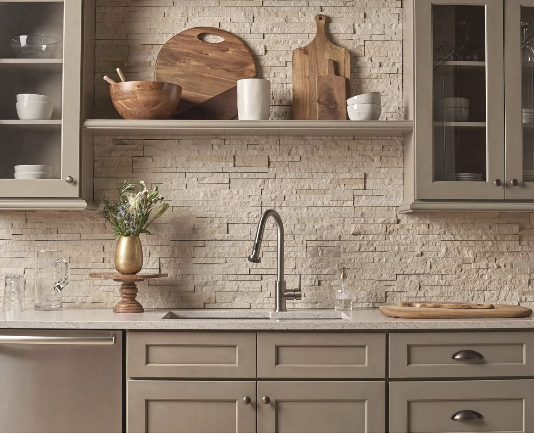 Rustic kitchen design in Avon, Connecticut with a unique texture backsplash.